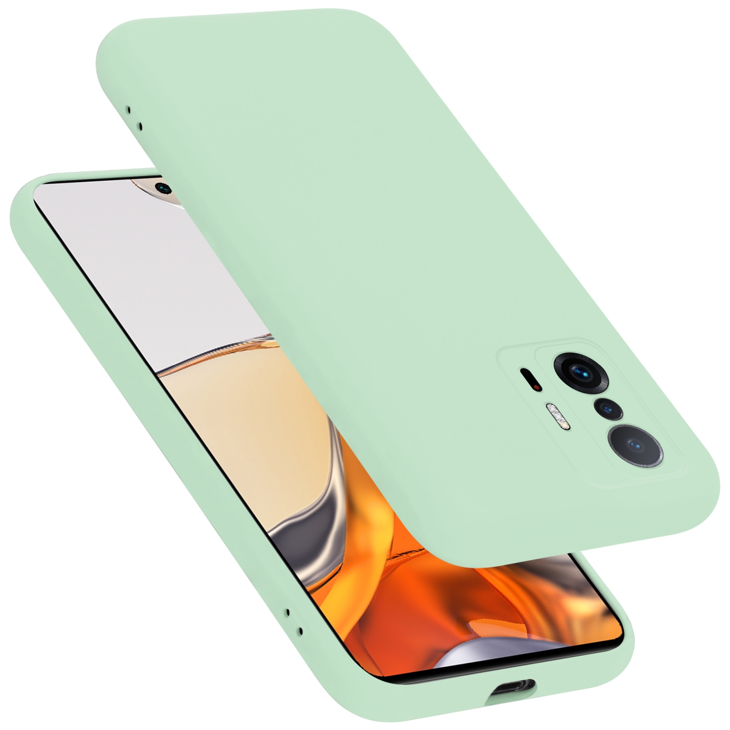 Grüne Handyhülle mit offenem Telefon. Das Telefon hat eine Kamera und ist hell.