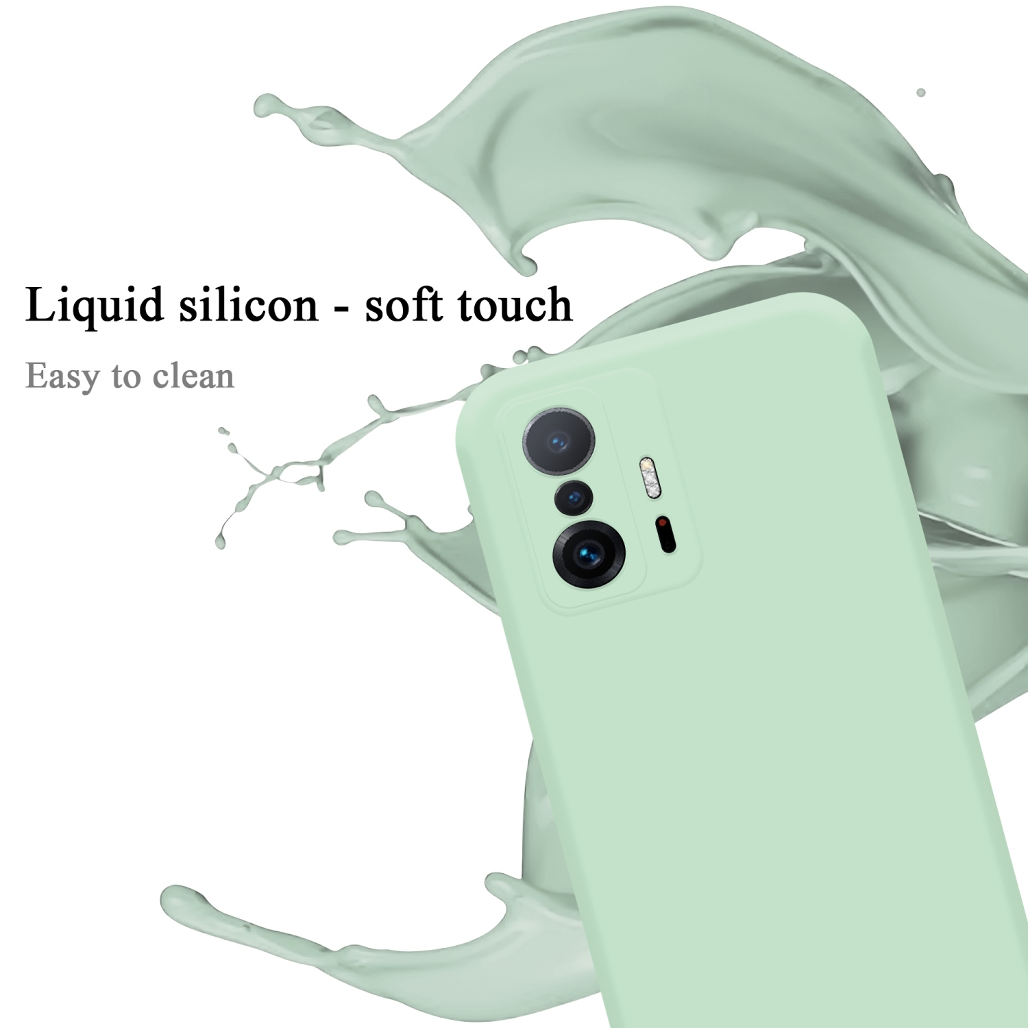 Eine mintgrüne Handyhülle mit einem Telefon darin. Flüssiges Silikon, weiche Haptik, leicht zu reinigen.