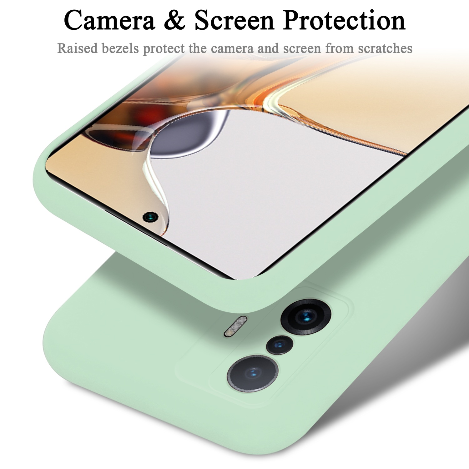 Ein Telefon und Displayschutz. Ein Telefon befindet sich in der Hülle und wird mit einem Displayschutz überlagert.
