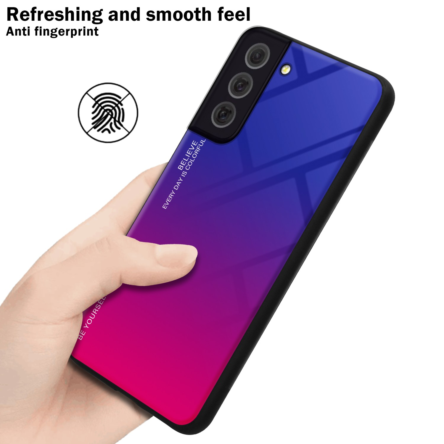 Person hält ein blau-violett-farbenes Telefon mit Fingerabdrucksymbol und Text über Anti-Fingerabdruck.