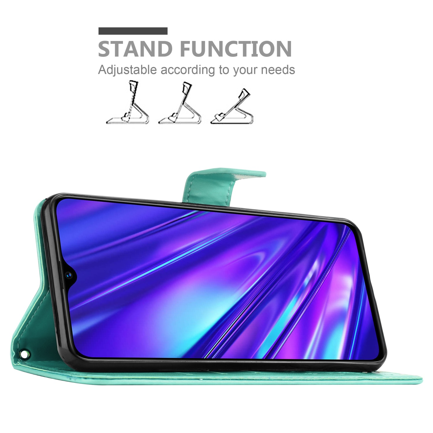 Una custodia per telefono verde acqua è aperta, mostrando lo schermo del telefono. Il testo indica la funzione stand.