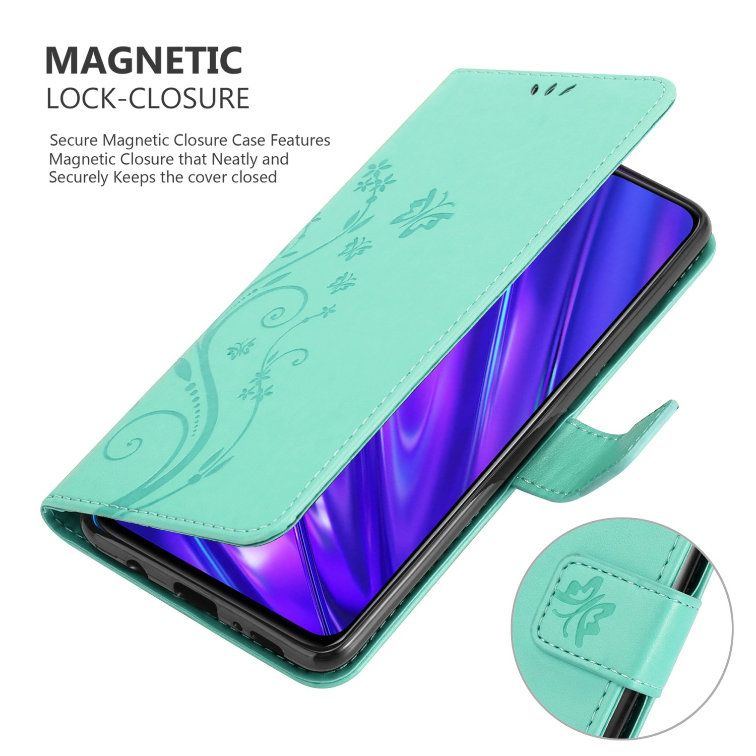 Una custodia per telefono verde acqua è aperta, rivelando un telefono. La custodia presenta un design floreale e una chiusura magnetica.