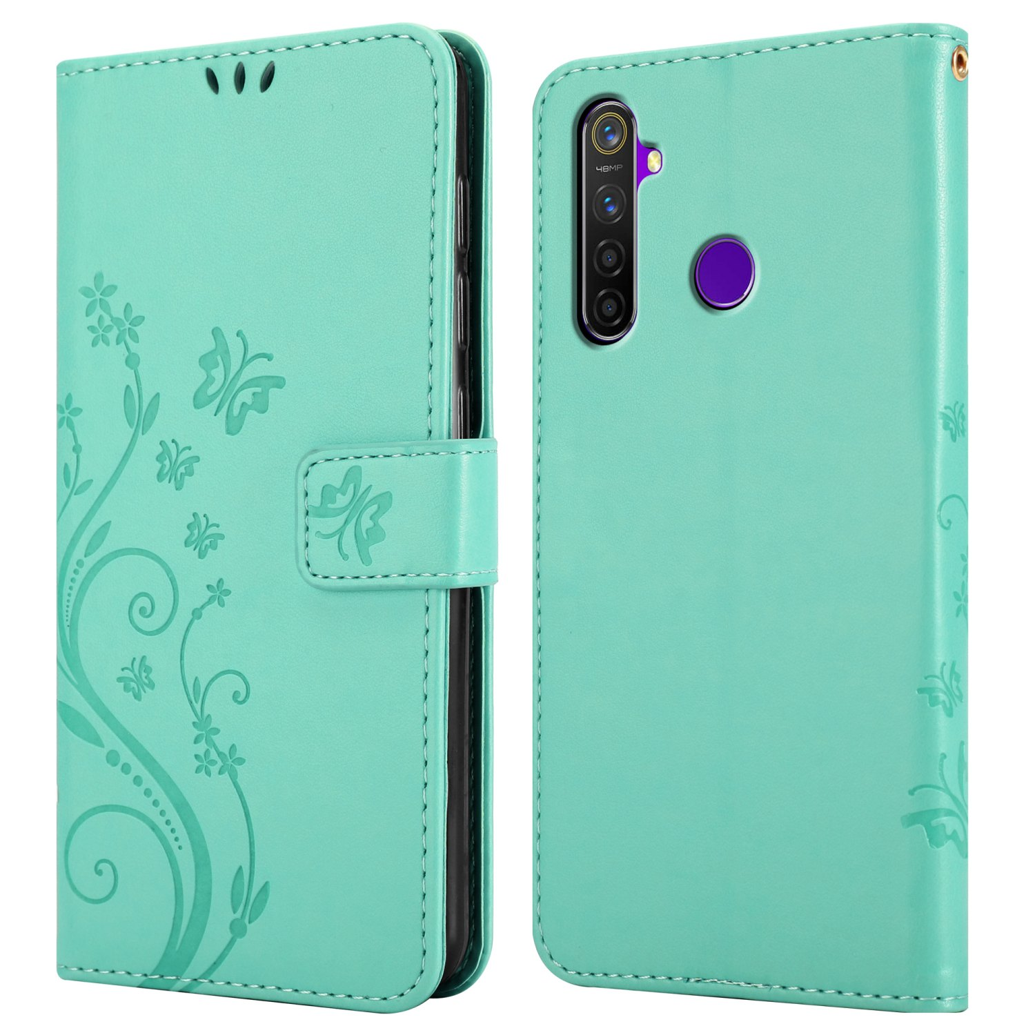 Custodia per telefono verde menta, aperta, che mostra un telefono. Disegno floreale in rilievo. Il telefono ha una fotocamera.