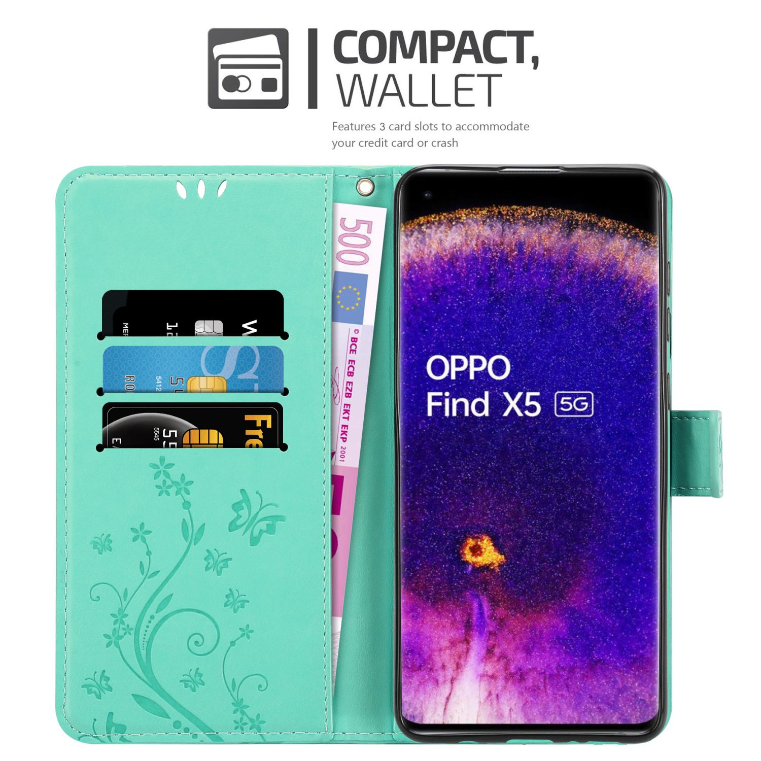 Custodia verde acqua con fessure per carte e banconota. Un telefono OPPO Find X5 5G a destra.