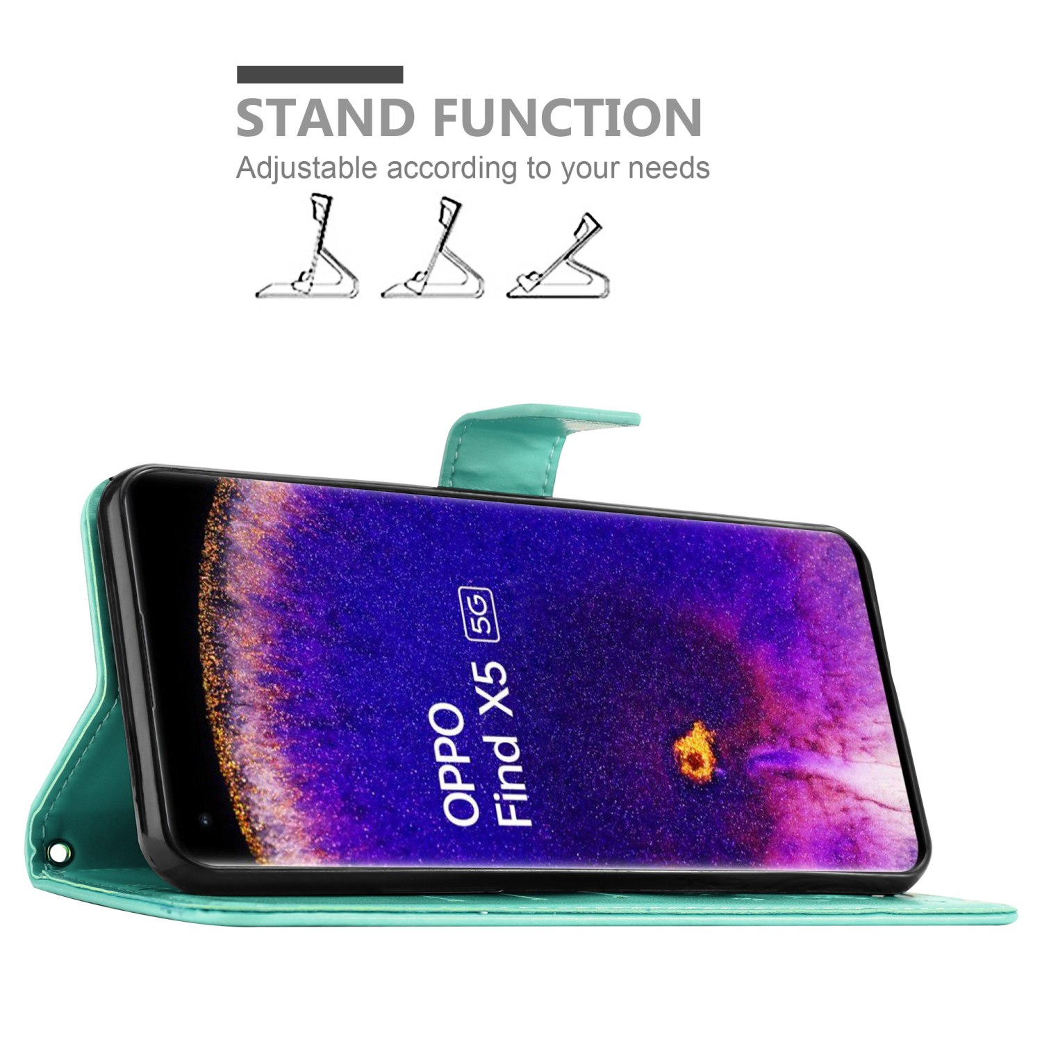 Custodia verde con un telefono all'interno, appoggiato. Il telefono mostra un'immagine.