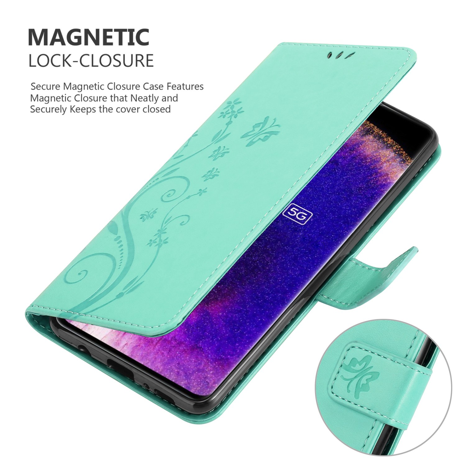 Custodia per telefono verde acqua aperta, mostra lo schermo del telefono con un design floreale. Testo: Chiusura magnetica.