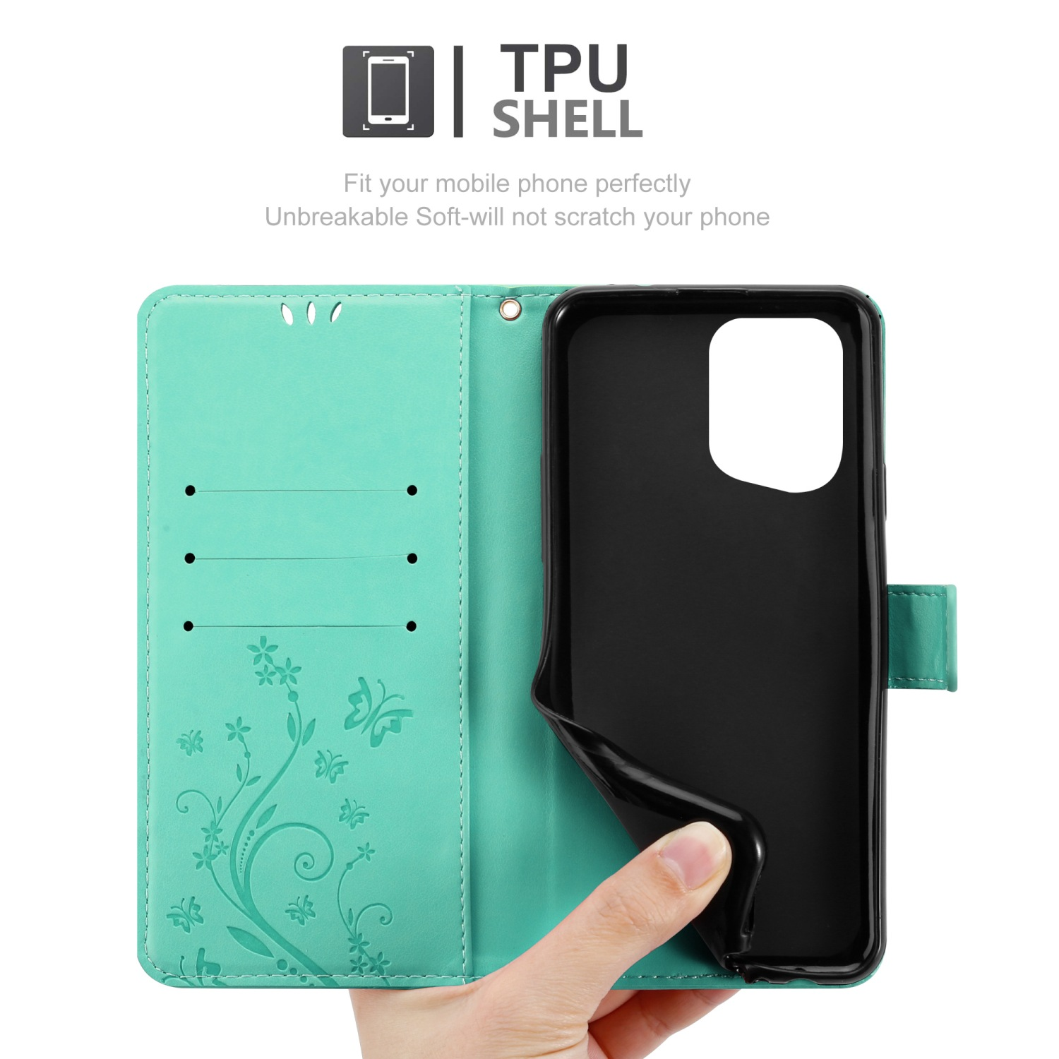 Una custodia per telefono verde acqua aperta con un telefono all'interno. La custodia ha disegni floreali e una mano la tiene.