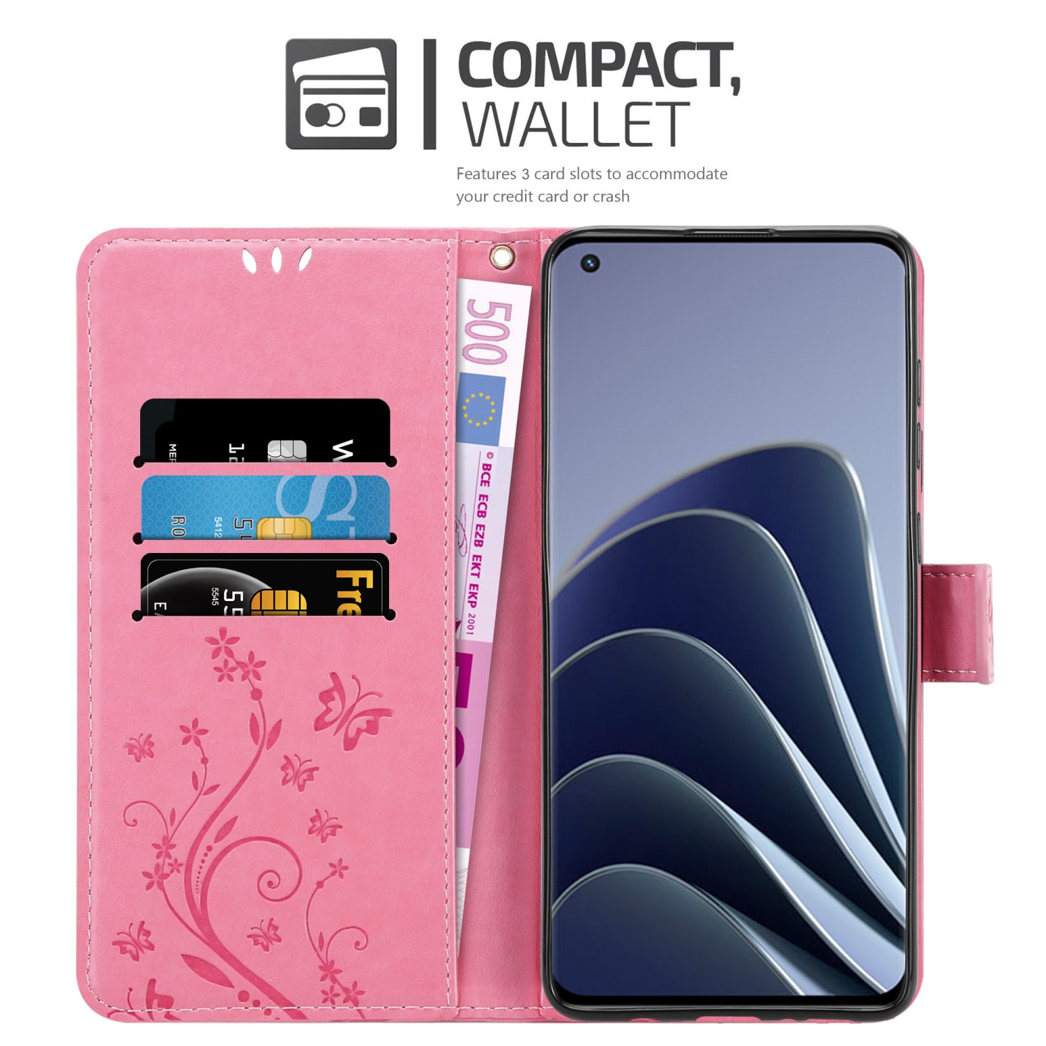 Custodia a portafoglio rosa con telefono e slot per carte. Include carte e una banconota da 500 euro.