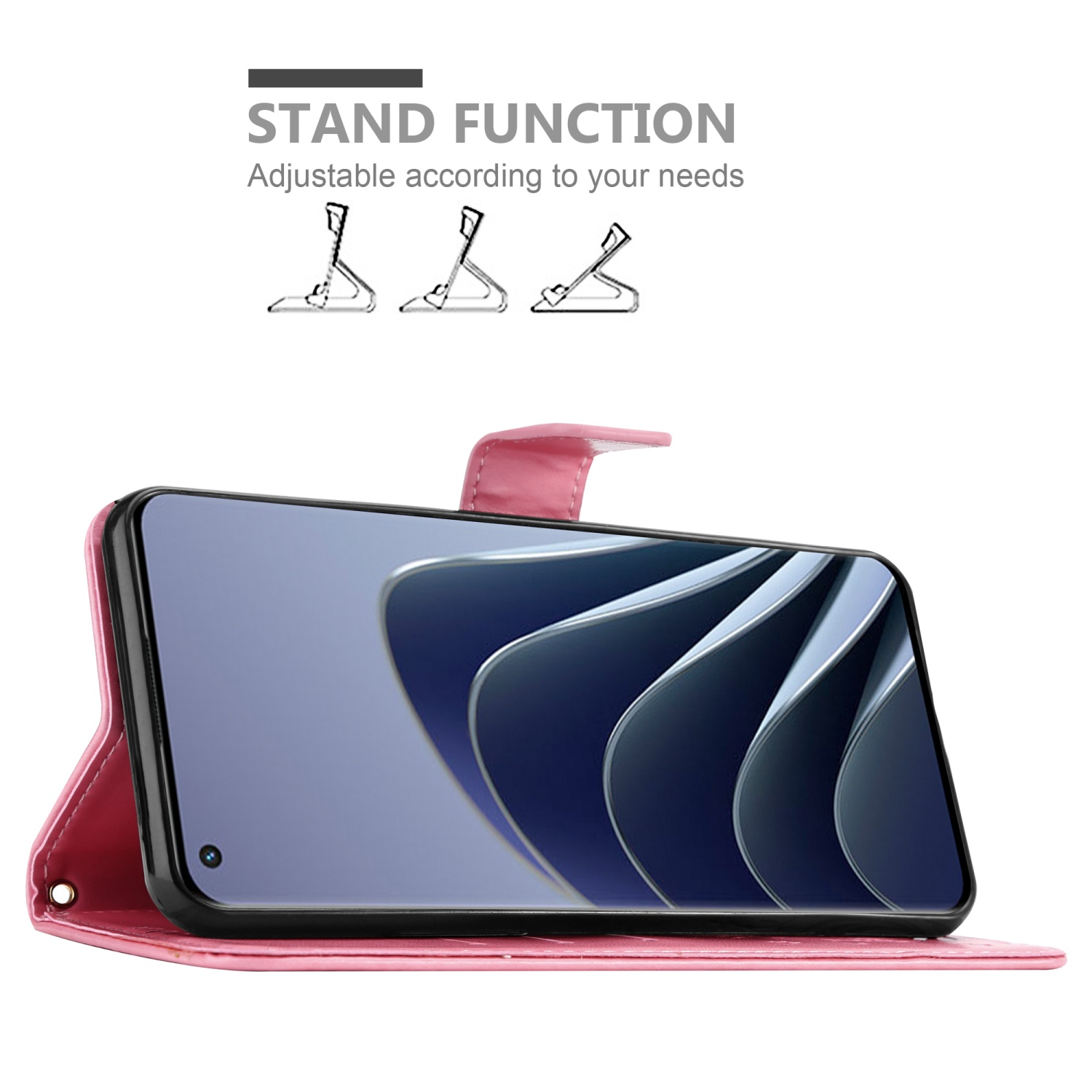 Custodia rosa con telefono all'interno, mostra una funzione di supporto. Schermo visibile. Sfondo bianco.