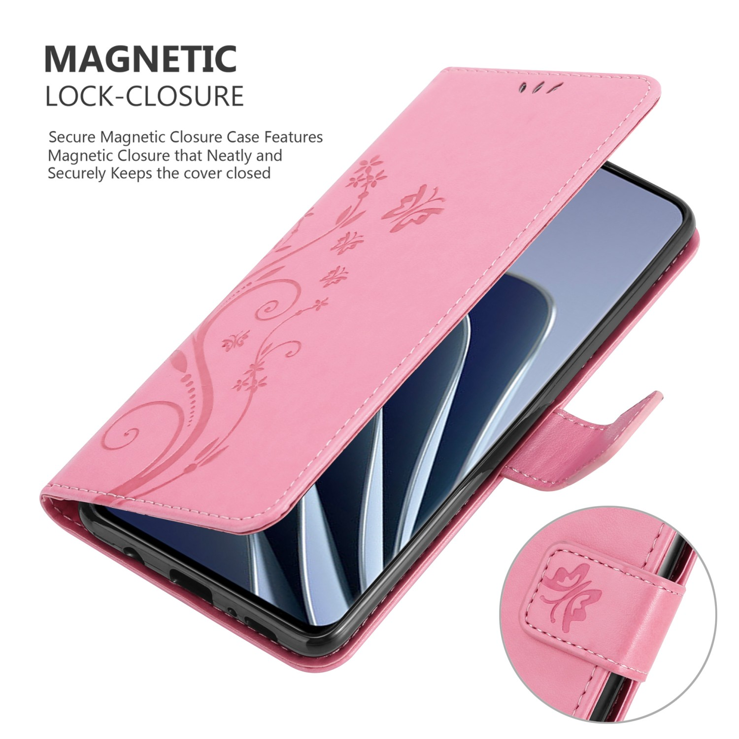 Custodia rosa con design floreale, aperta per rivelare il telefono. Chiusura magnetica mostrata. Primo piano della chiusura.