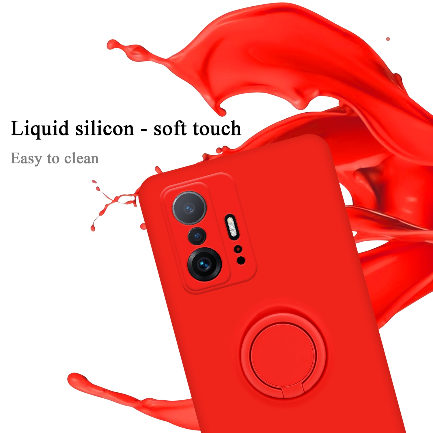 Custodia per telefono rossa con supporto ad anello. Silicone liquido con tocco morbido, facile da pulire. Schizzo di vernice rossa.