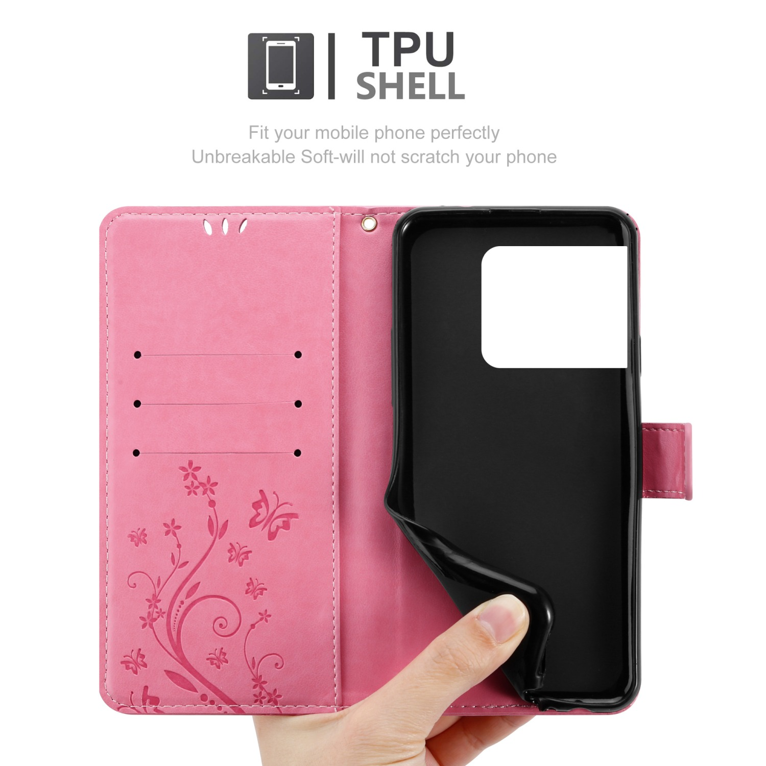 Custodia rosa aperta, telefono dentro. Design floreale e farfalla. Guscio in TPU e testo.