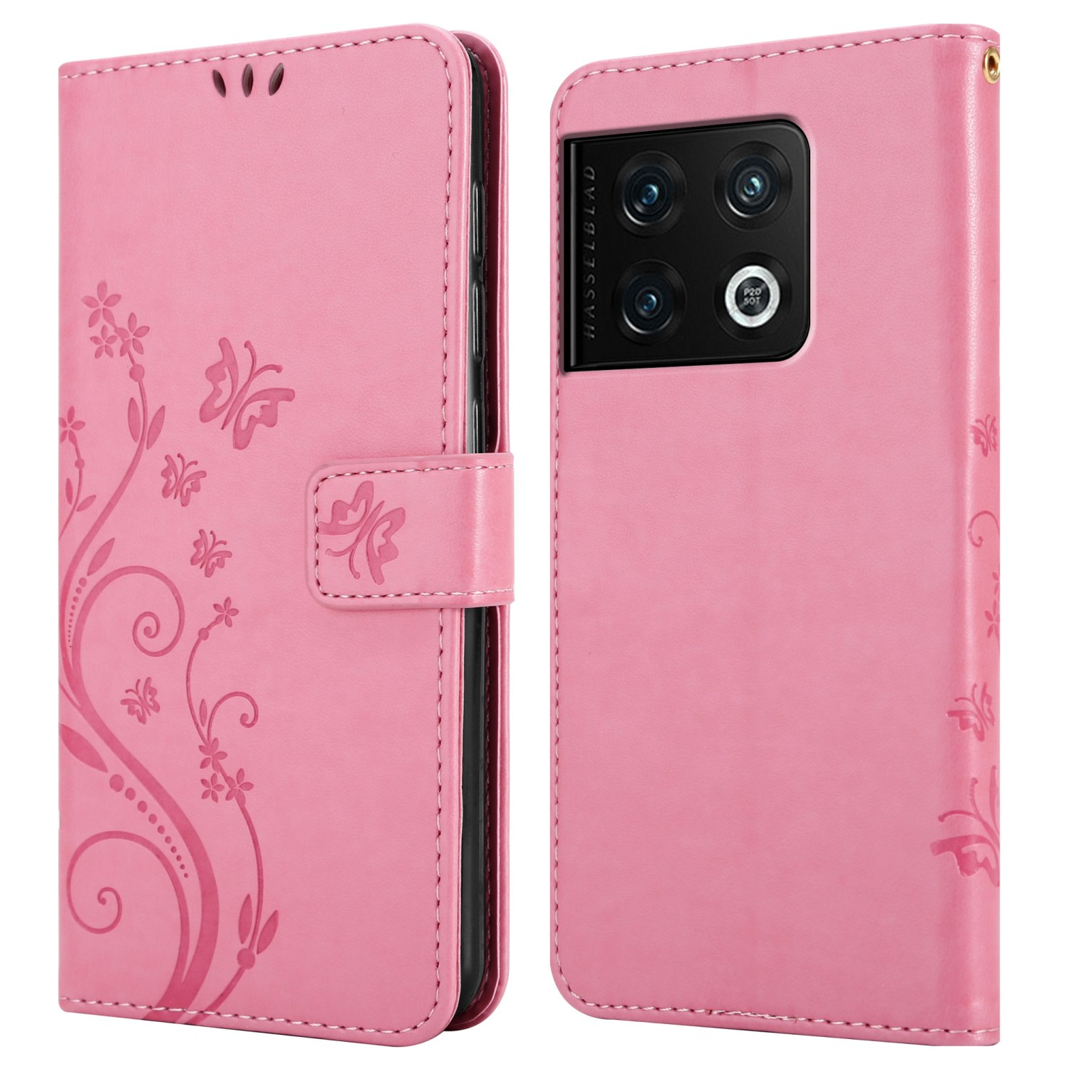 Custodia rosa per telefono, aperta, con design floreale e farfalle. Testo: Marchio Hasselblad.