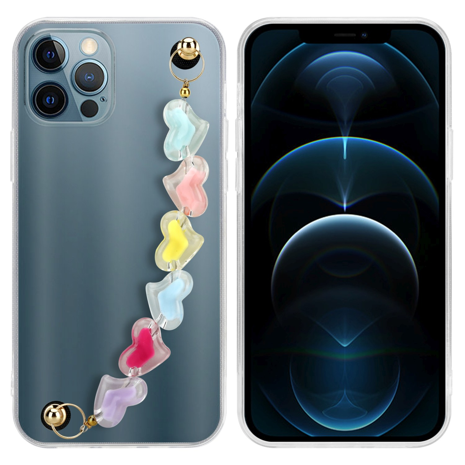 Telefon mit transparenter Hülle und Charm. Charm mit herzförmigen Perlen.