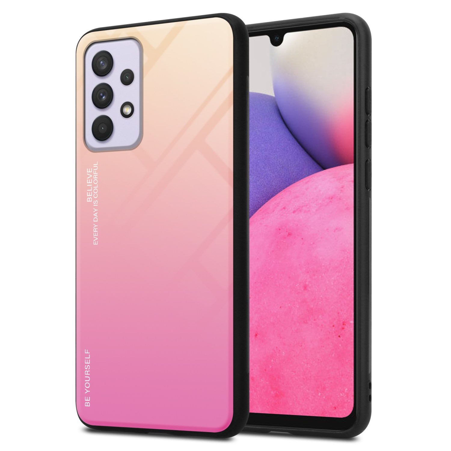 Handyhülle mit einem Farbverlauf von Pink zu Gelb. Das Telefon befindet sich in der Hülle. Weißer Hintergrund.