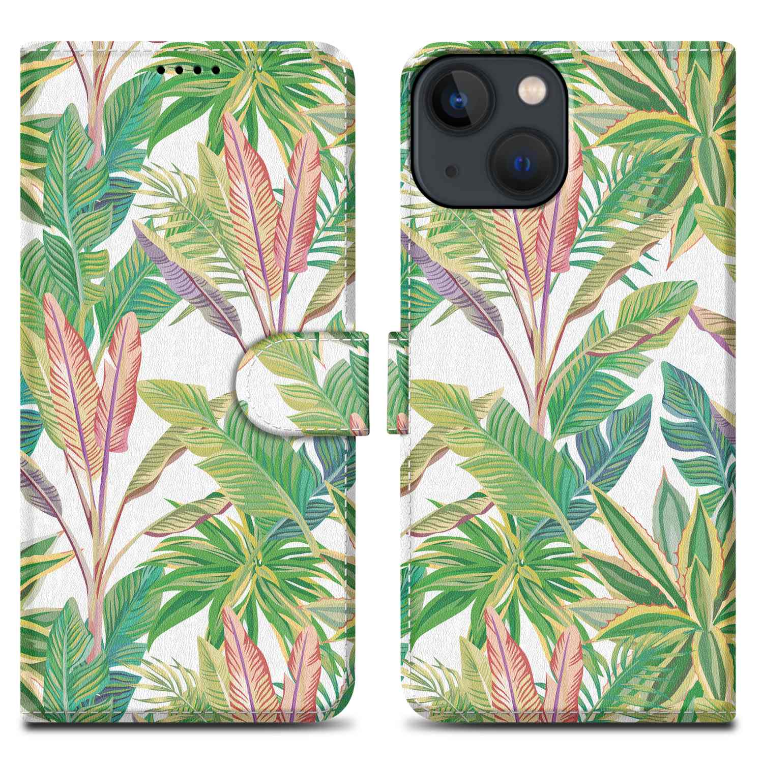 Custodia per telefono con foglie tropicali verdi, gialle e rosa su sfondo bianco. Entrambi i lati sono visibili.