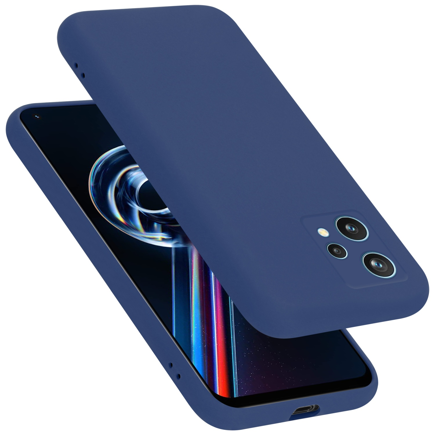 Blaue Handyhülle mit Telefon und zweiter Hülle daneben.