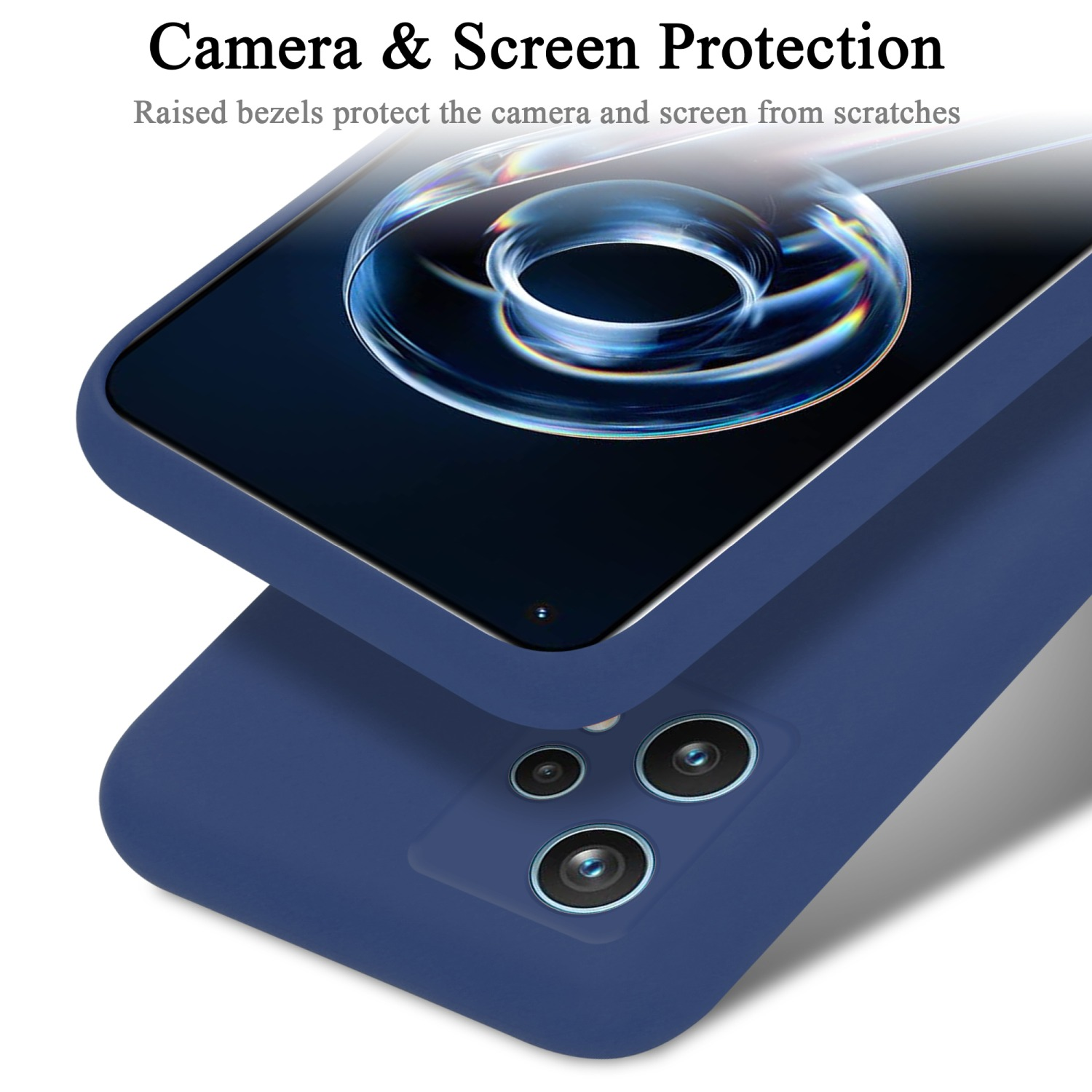 Marineblaue Handyhülle mit Telefon. Schützt Kamera und Bildschirm. Erhöhte Blenden sind sichtbar. Weißer Hintergrund.