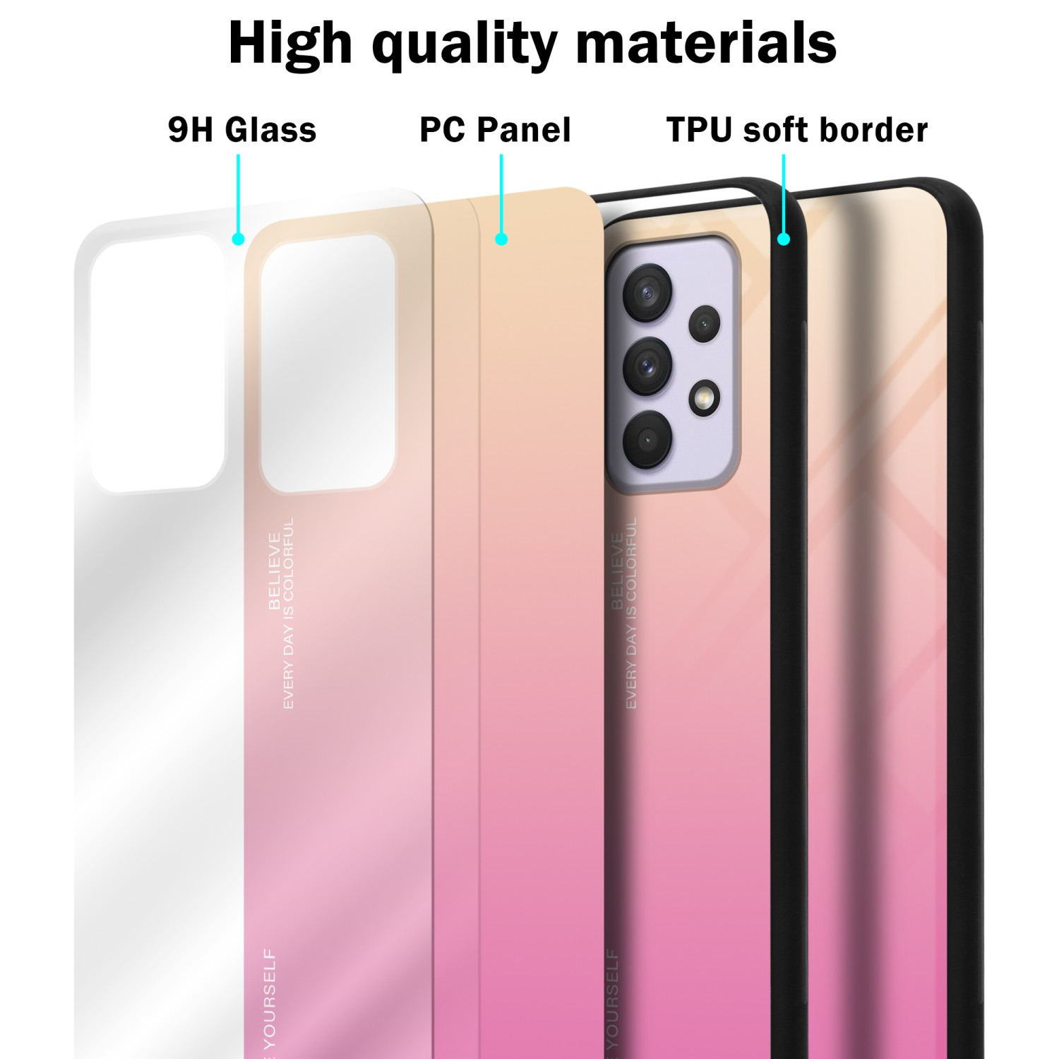 Schichten von Handyhüllenmaterialien, einschließlich 9H-Glas, PC-Panel und TPU-Rand.