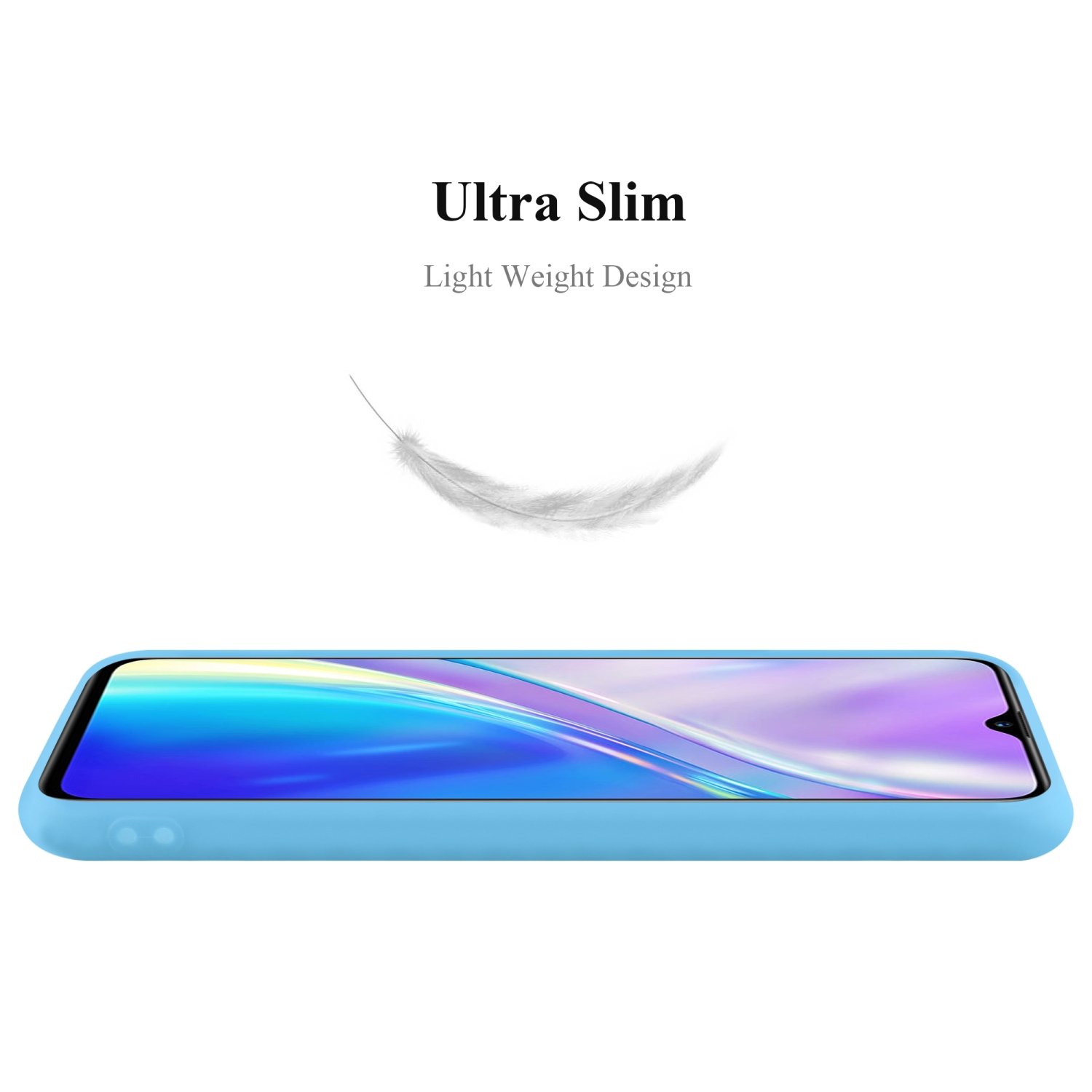 Una custodia per telefono blu, con una grafica a forma di piuma sopra. Lo schermo del telefono mostra un design viola e rosa.