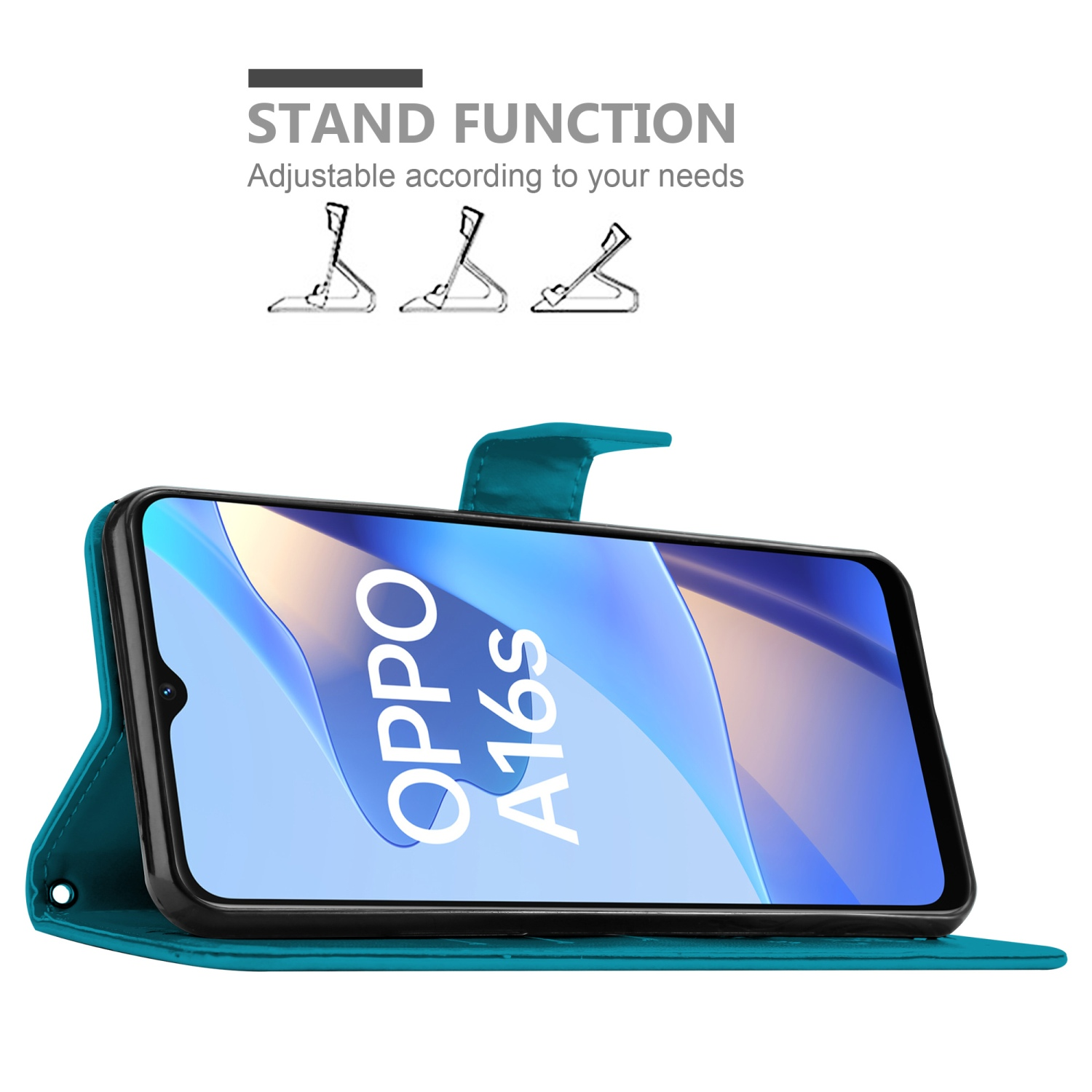 Una custodia per telefono con un telefono all'interno. Lo schermo del telefono dice "OPPO A16s". Ci sono simboli di supporto.