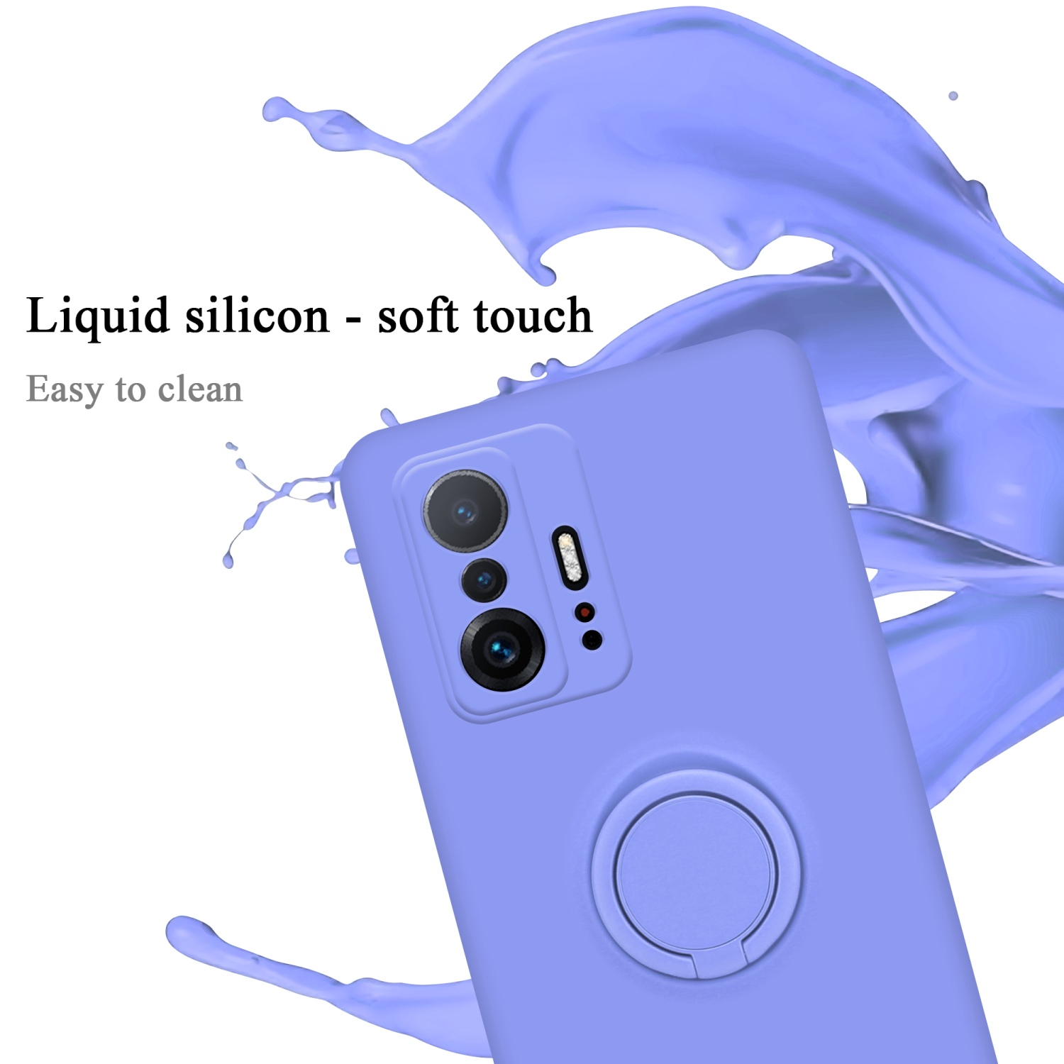 Telefono viola con schizzo di liquido nero e porta anello. Testo silicone liquido - tocco morbido e facile da pulire.