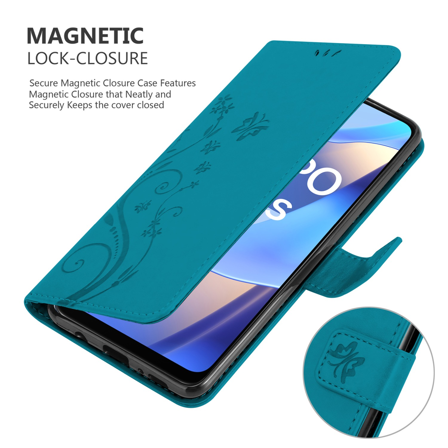 Una custodia per telefono verde acqua è aperta, rivelando un telefono all'interno. La custodia ha un motivo floreale e una chiusura magnetica.