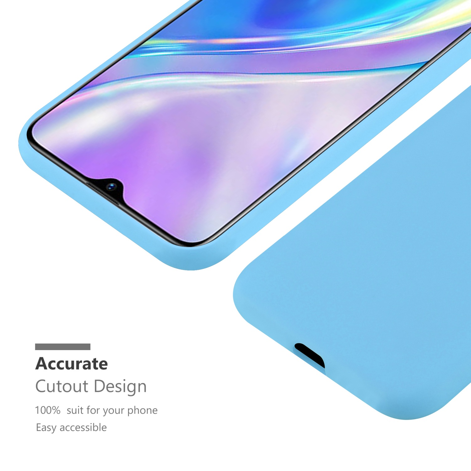 Una custodia per telefono azzurra con un telefono all'interno. Design preciso, facile accesso.