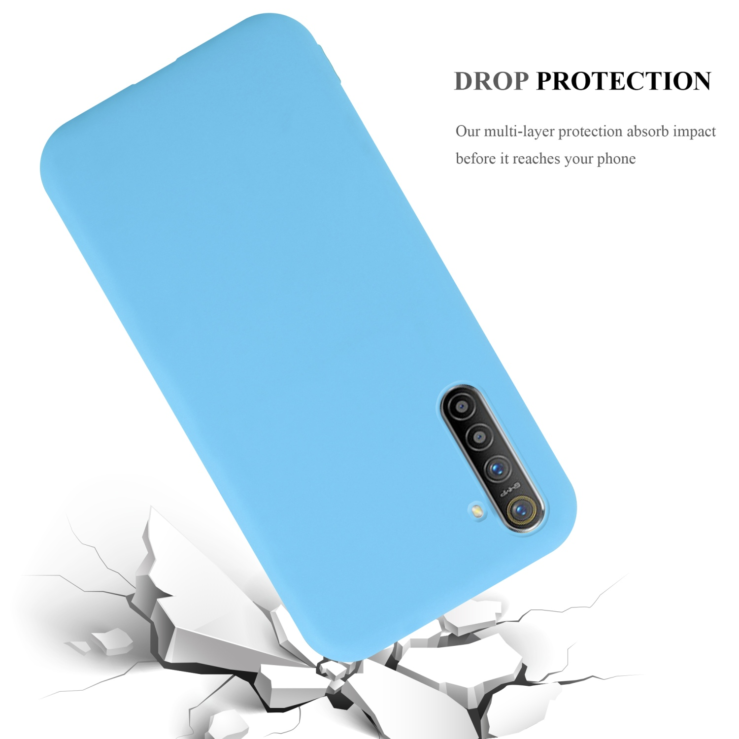 Custodia per telefono blu che cade. La custodia è su una superficie con crepe.