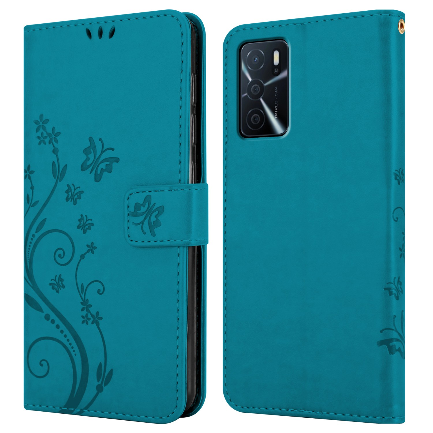 Custodia per telefono turchese che mostra la parte anteriore e posteriore. Design floreale sul davanti. Vista chiusa e aperta.