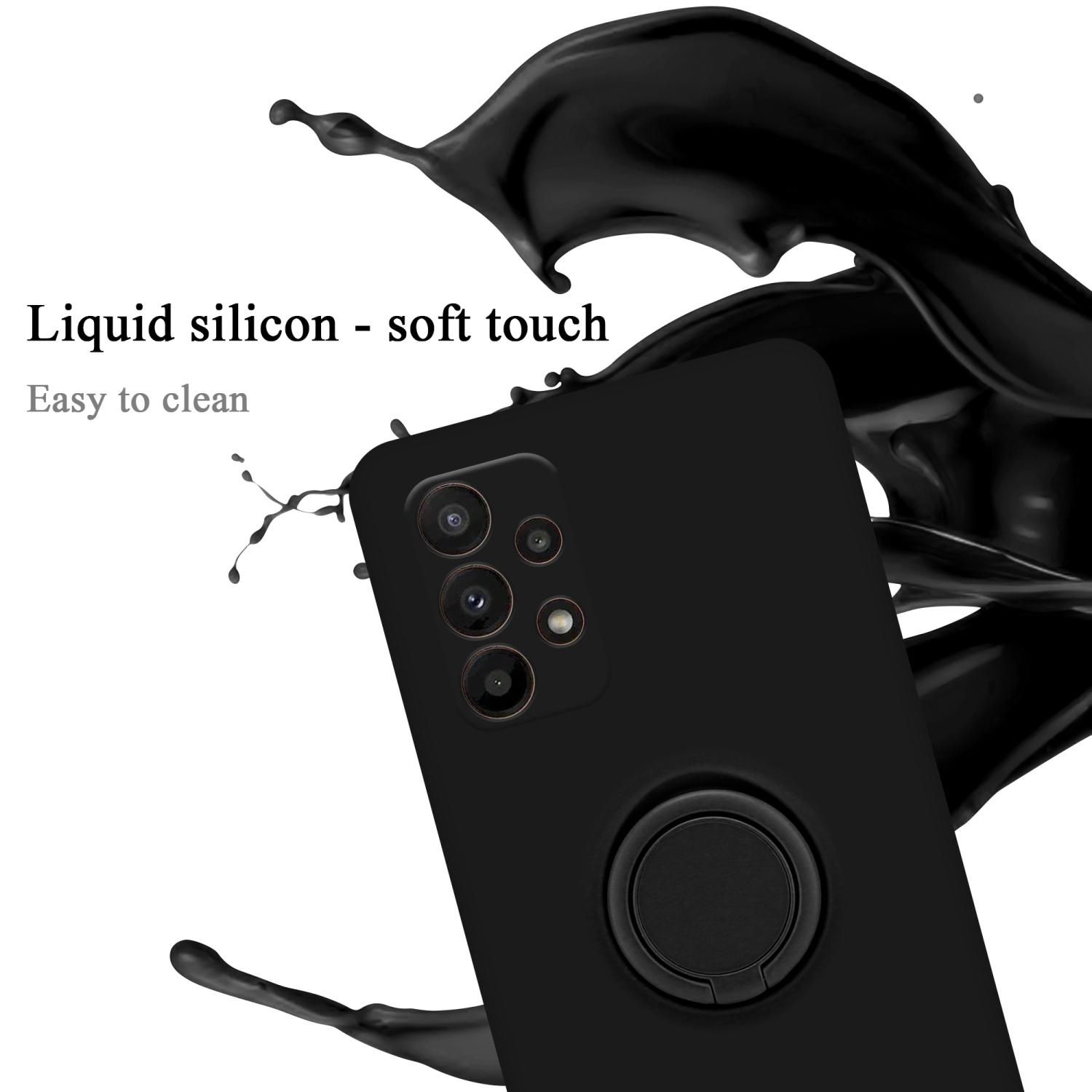 Eine schwarze Handyhülle mit Ringhalter und einem Spritzer schwarzer Flüssigkeit.