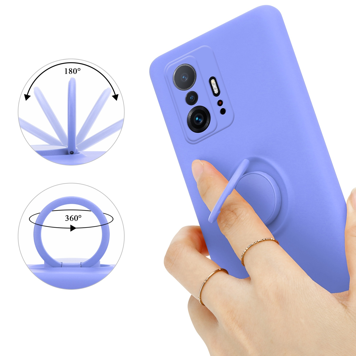 Custodia viola con anello e mano. Diverse posizioni dell'anello sono indicate da frecce.