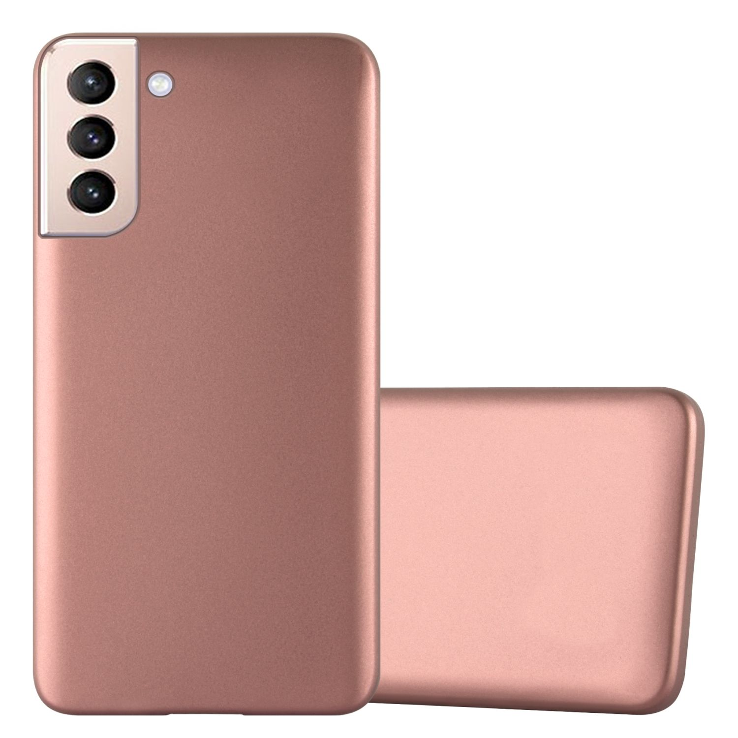 Due custodie per telefono color oro rosa, una in piedi e l'altra sdraiata, entrambe con fori per fotocamera.