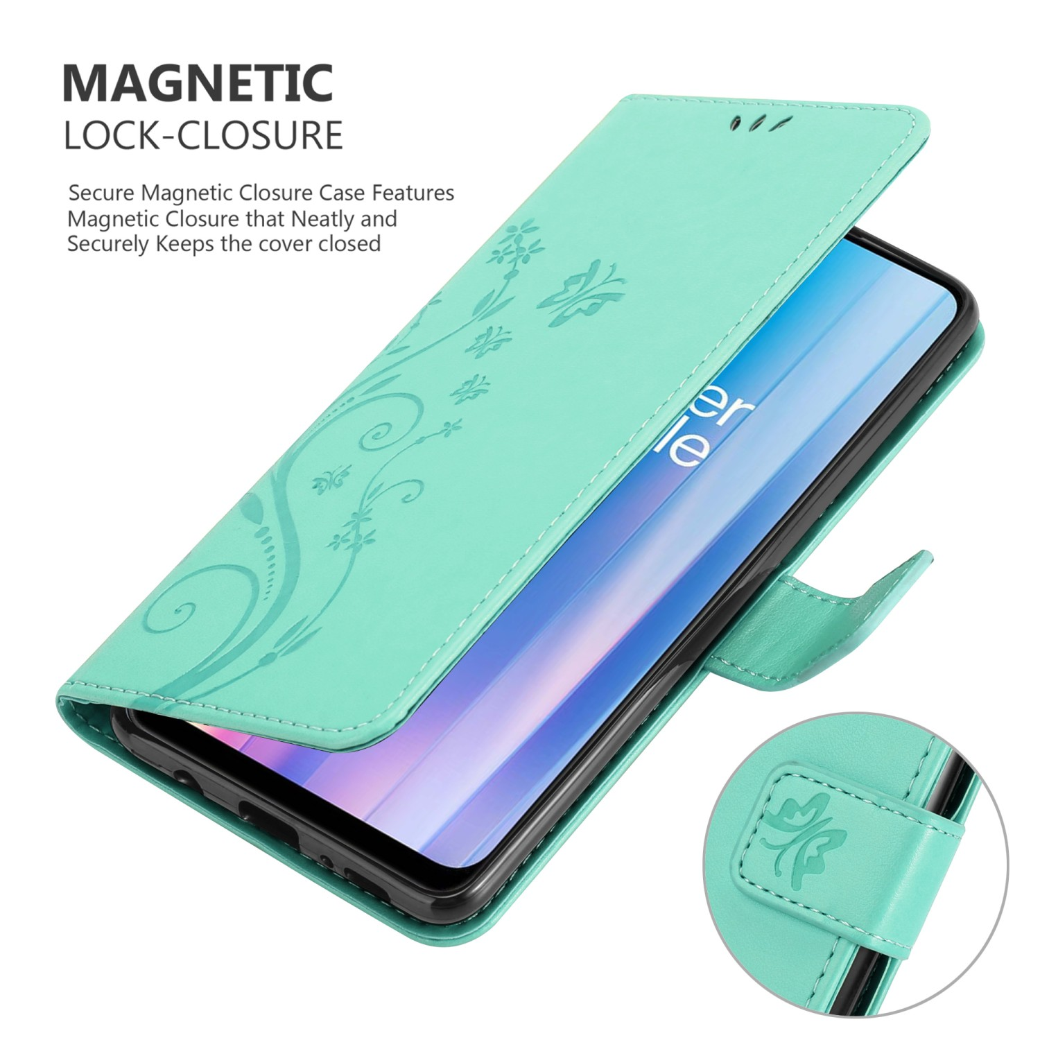 Custodia verde menta aperta, che mostra un telefono, design floreale, chiusura magnetica.