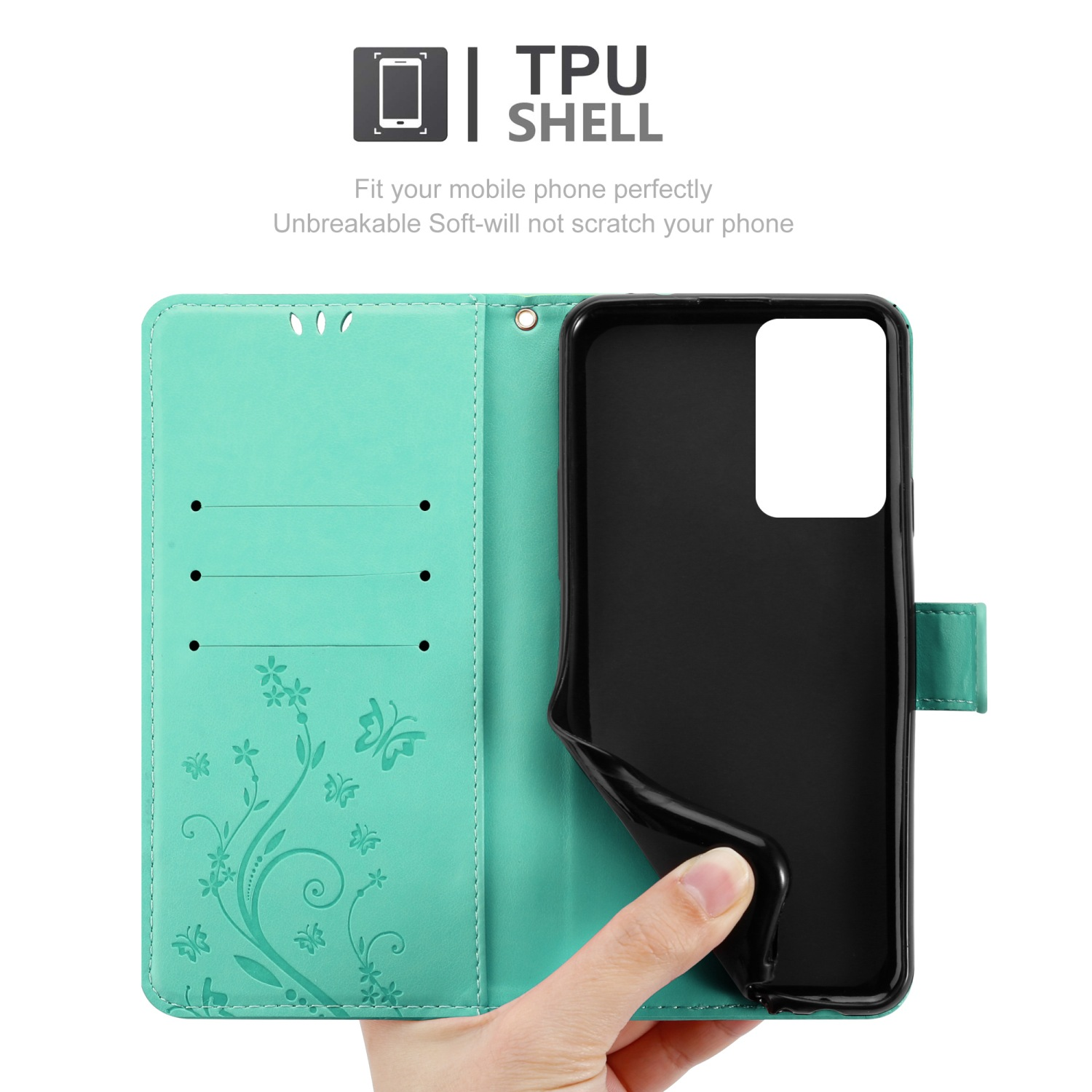 Mano che tiene una custodia per telefono turchese aperta con un telefono nero all'interno. Design a farfalla.