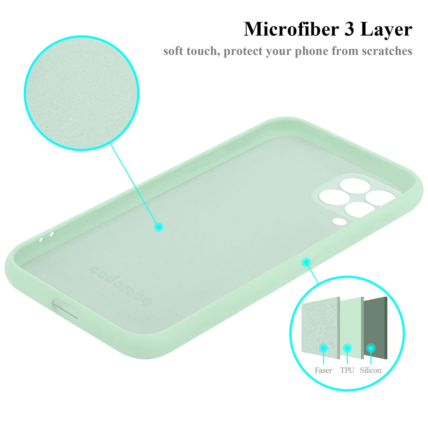 Minzgrüne Handyhülle. Text lautet 'Microfiber 3 Layer'.