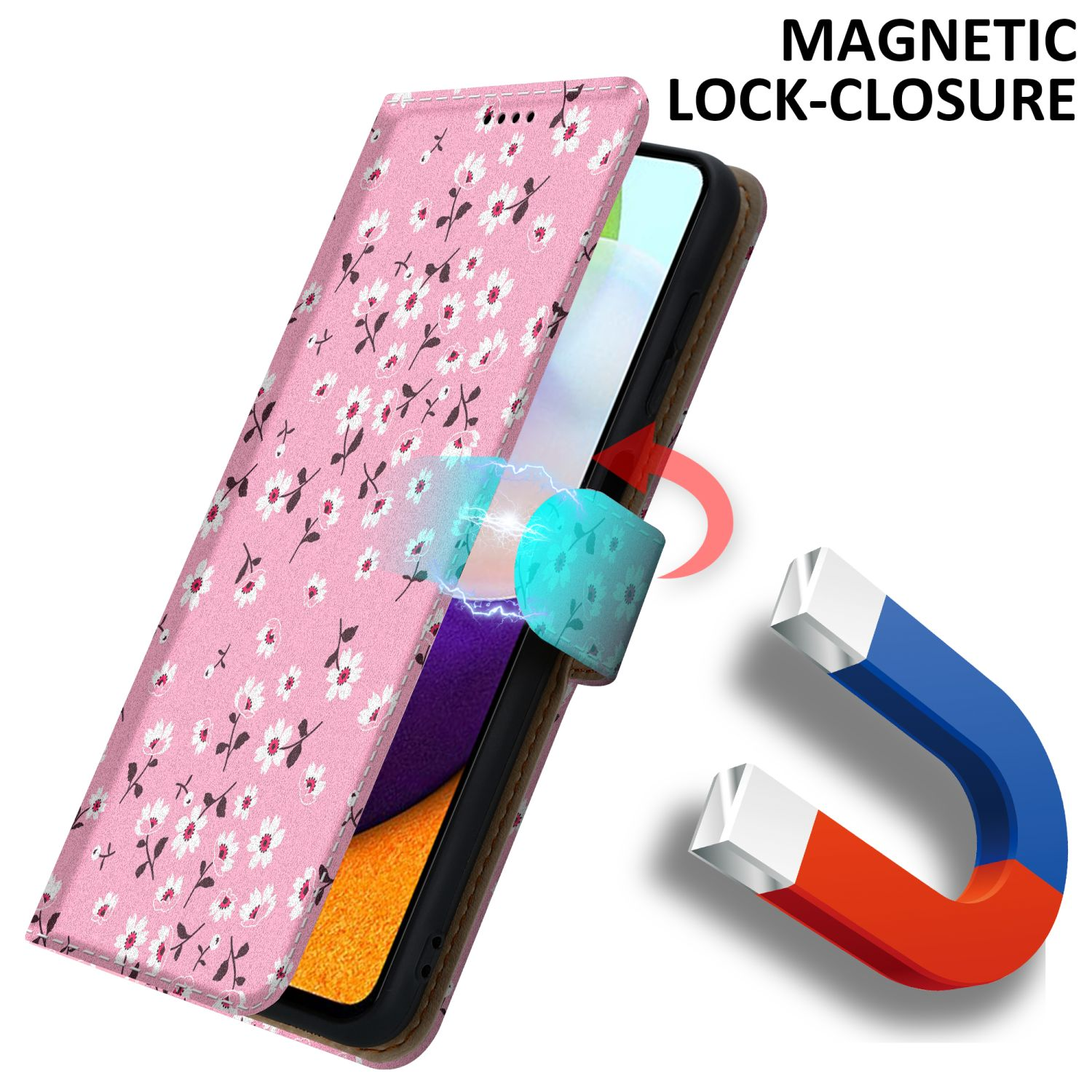 Custodia rosa per telefono con fiori, chiusura magnetica, mostra un telefono, con un magnete laterale.