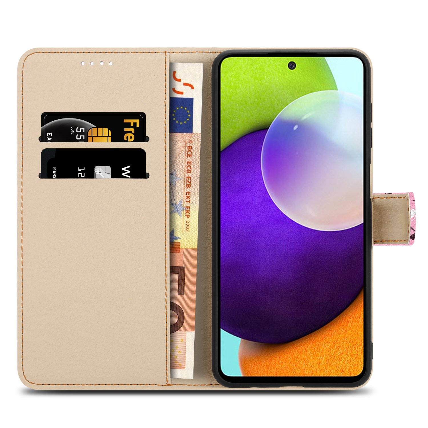 Custodia beige con fessure per carte, che tiene un telefono con schermo viola, banconote in euro visibili.