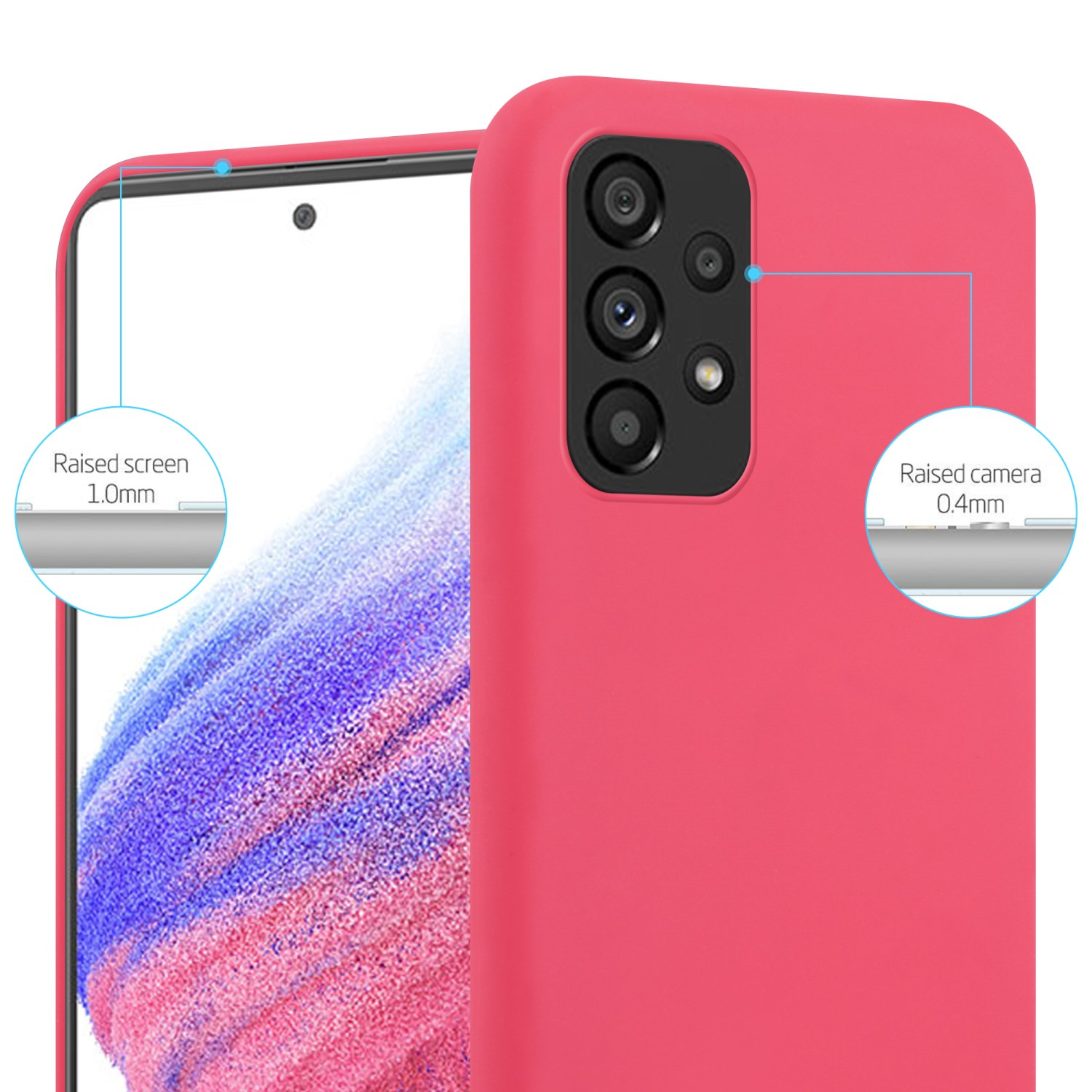 Custodia per telefono rosa, con dettagli dello schermo e della fotocamera rialzati. Sfondo bianco.