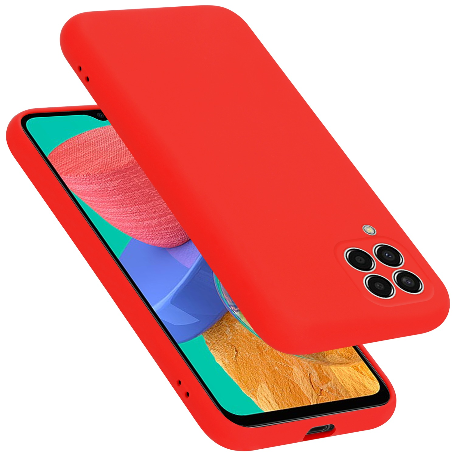 Rotes Telefon und Handyhülle. Das Telefon ist abgewinkelt, die Hülle ist oben. Weißer Hintergrund.
