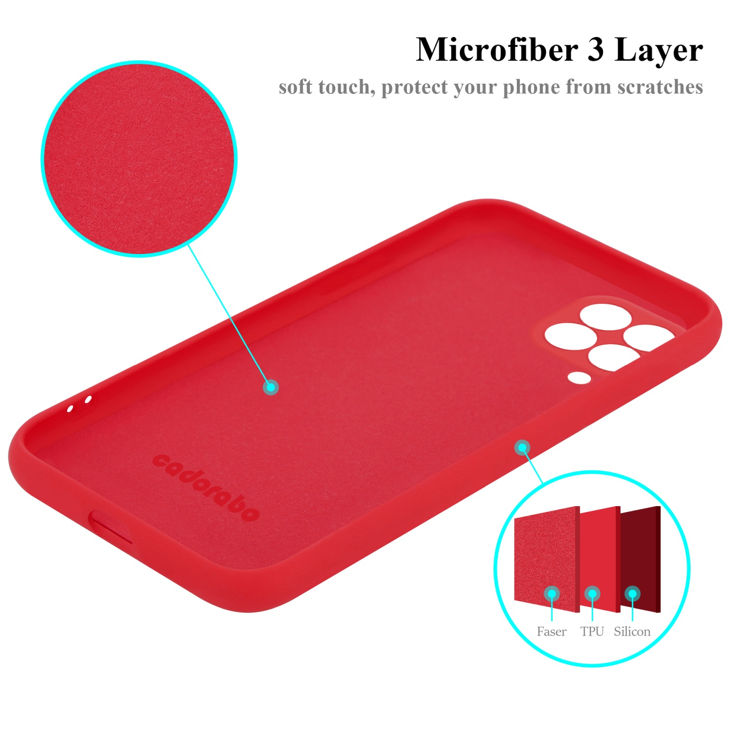 Rote Handyhülle mit Mikrofaser. Zeigt Materialschichten und das Innere der Hülle.