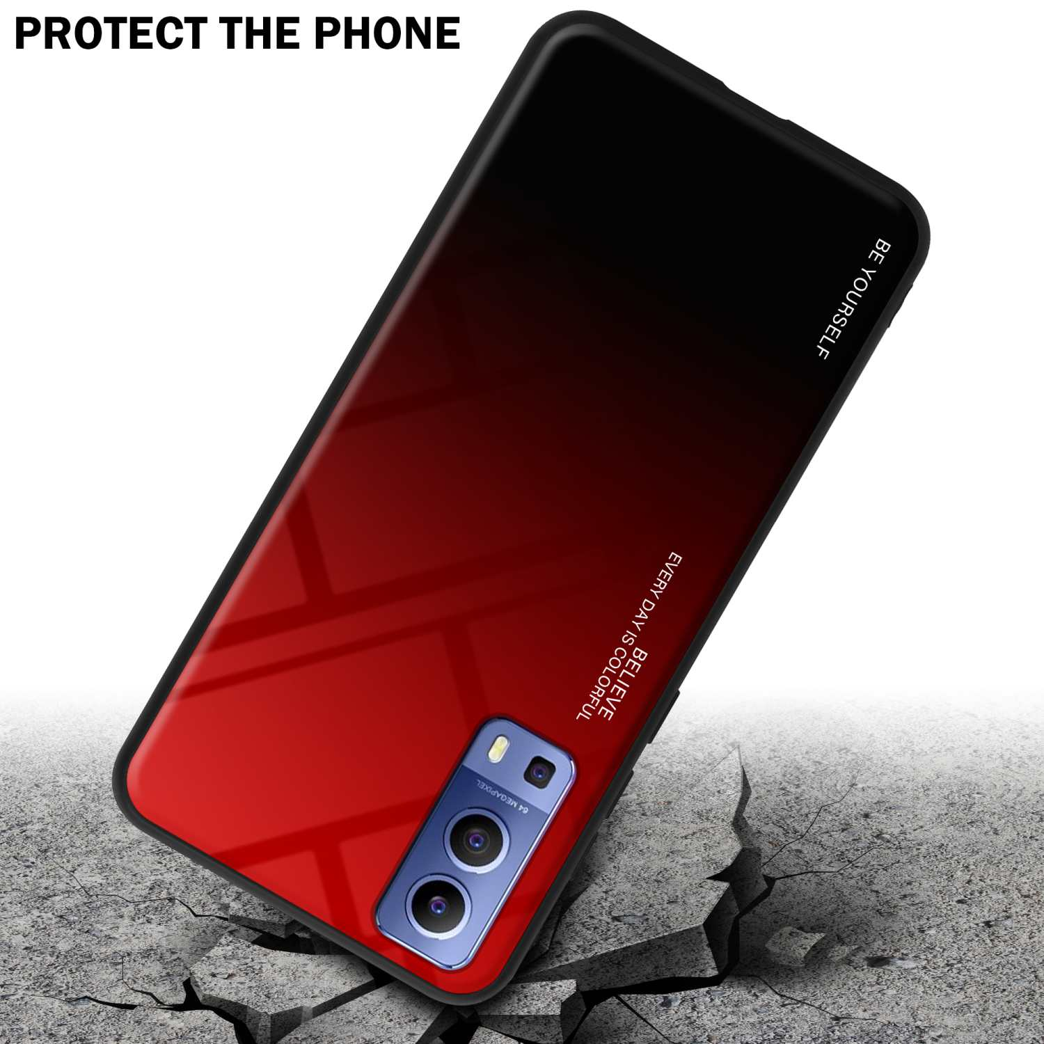Custodia per telefono, gradiente rosso-nero, caduta su una superficie, proteggere il telefono.