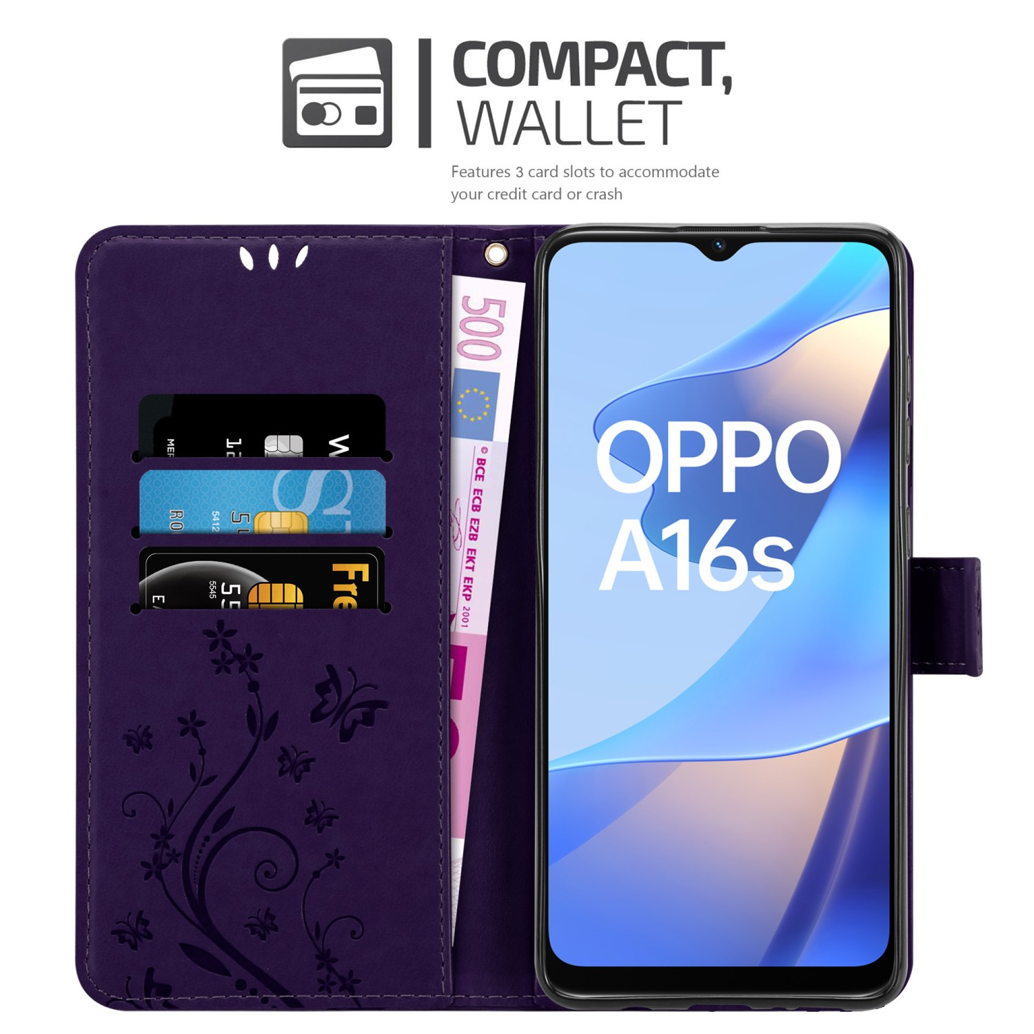 Un portafoglio per telefono viola con un telefono all'interno, carte e denaro. Le parole 'COMPACT, WALLET'.
