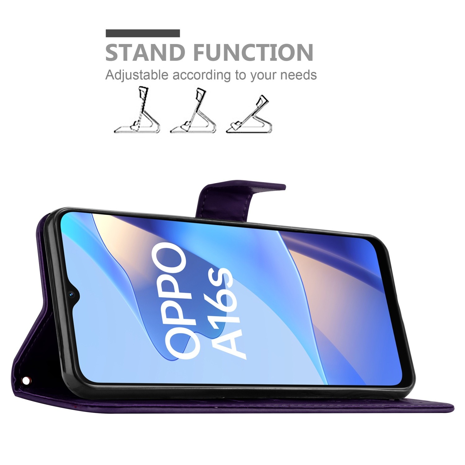 Custodia viola con funzione supporto per Oppo A16s. I diagrammi mostrano le posizioni.