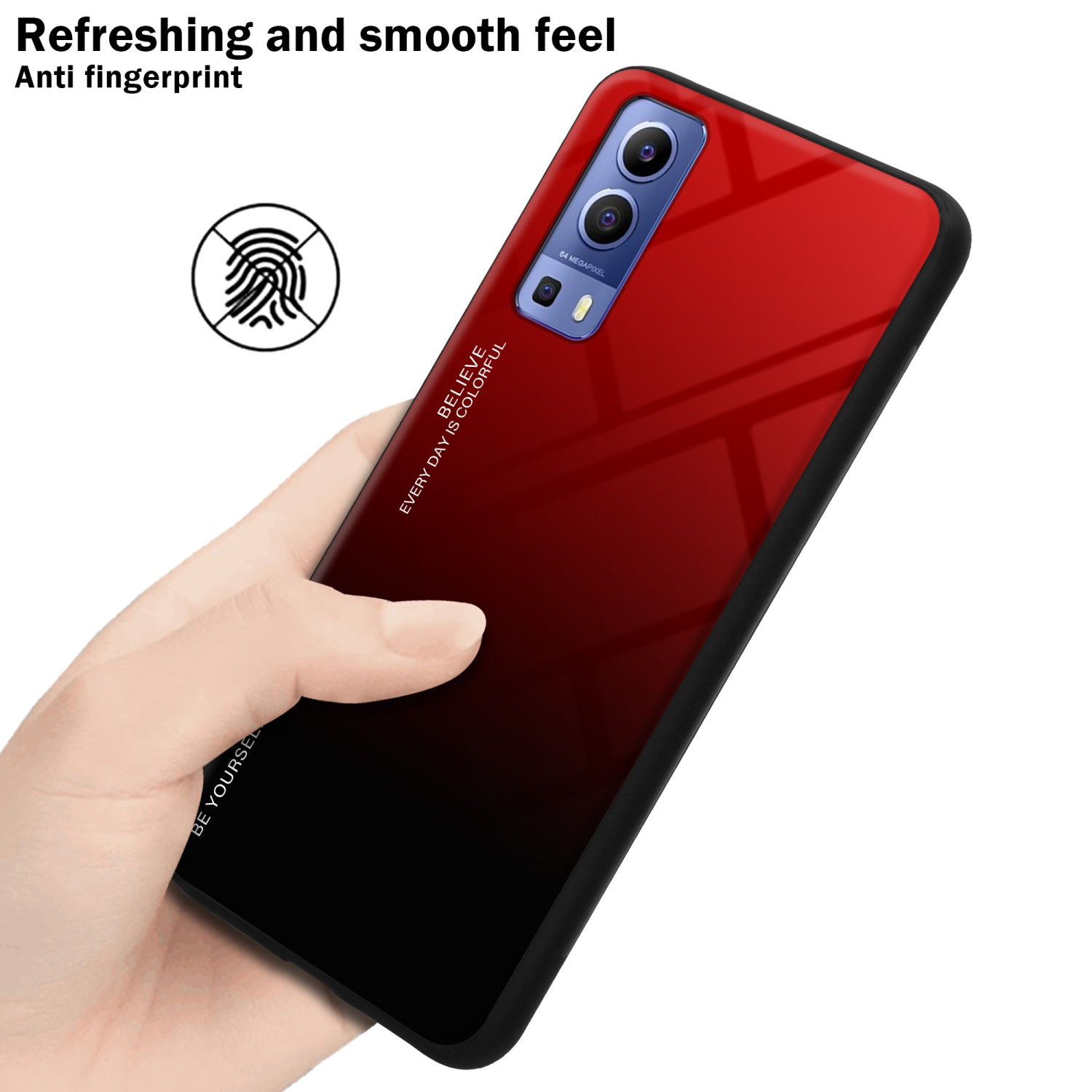 Custodia per telefono rosso e nero sfumato, tenuta in mano. Grafica dell'impronta digitale. Testo: Sensazione rinfrescante e liscia.