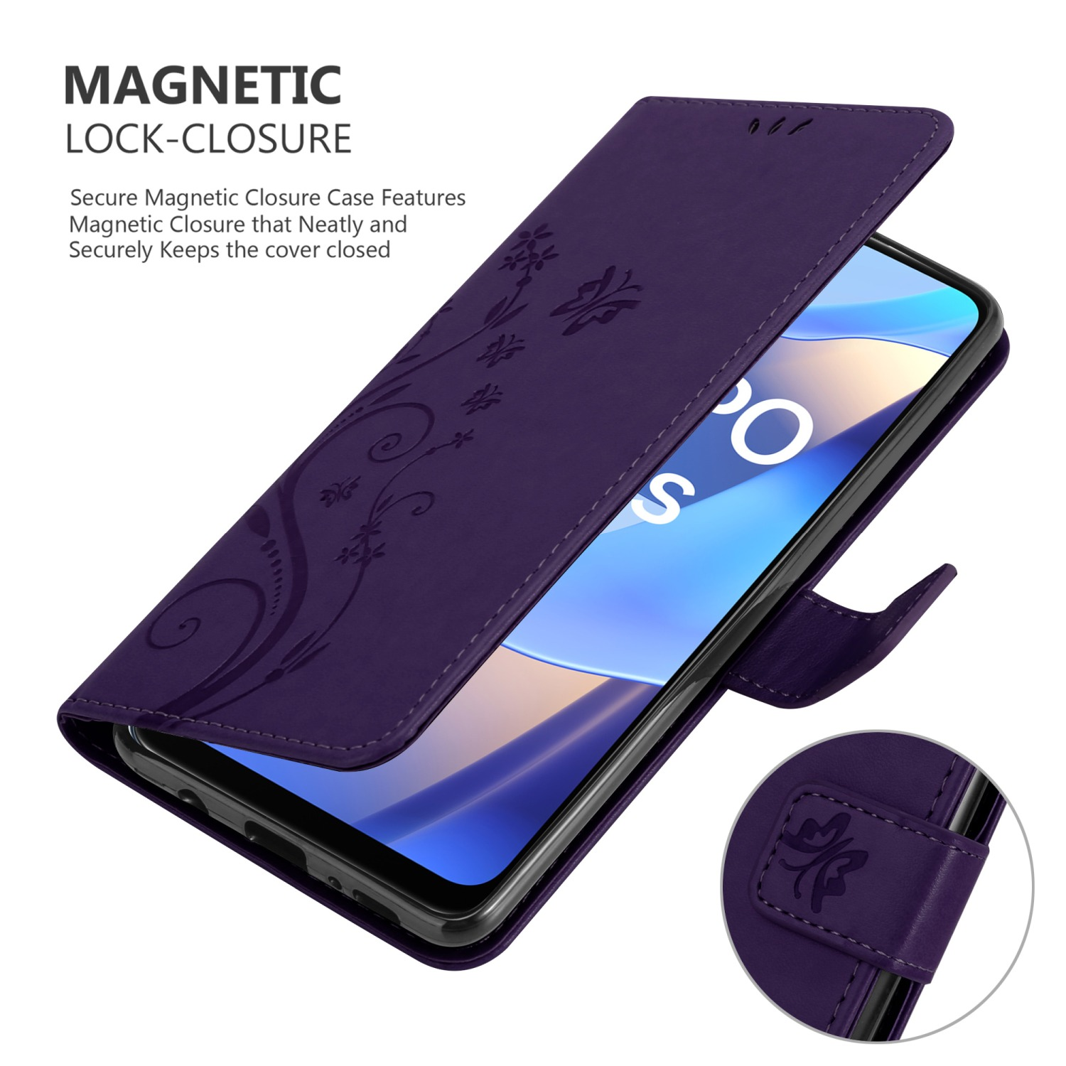 Custodia per telefono viola aperta, design floreale. Schermo del telefono visibile. Chiusura magnetica evidenziata.