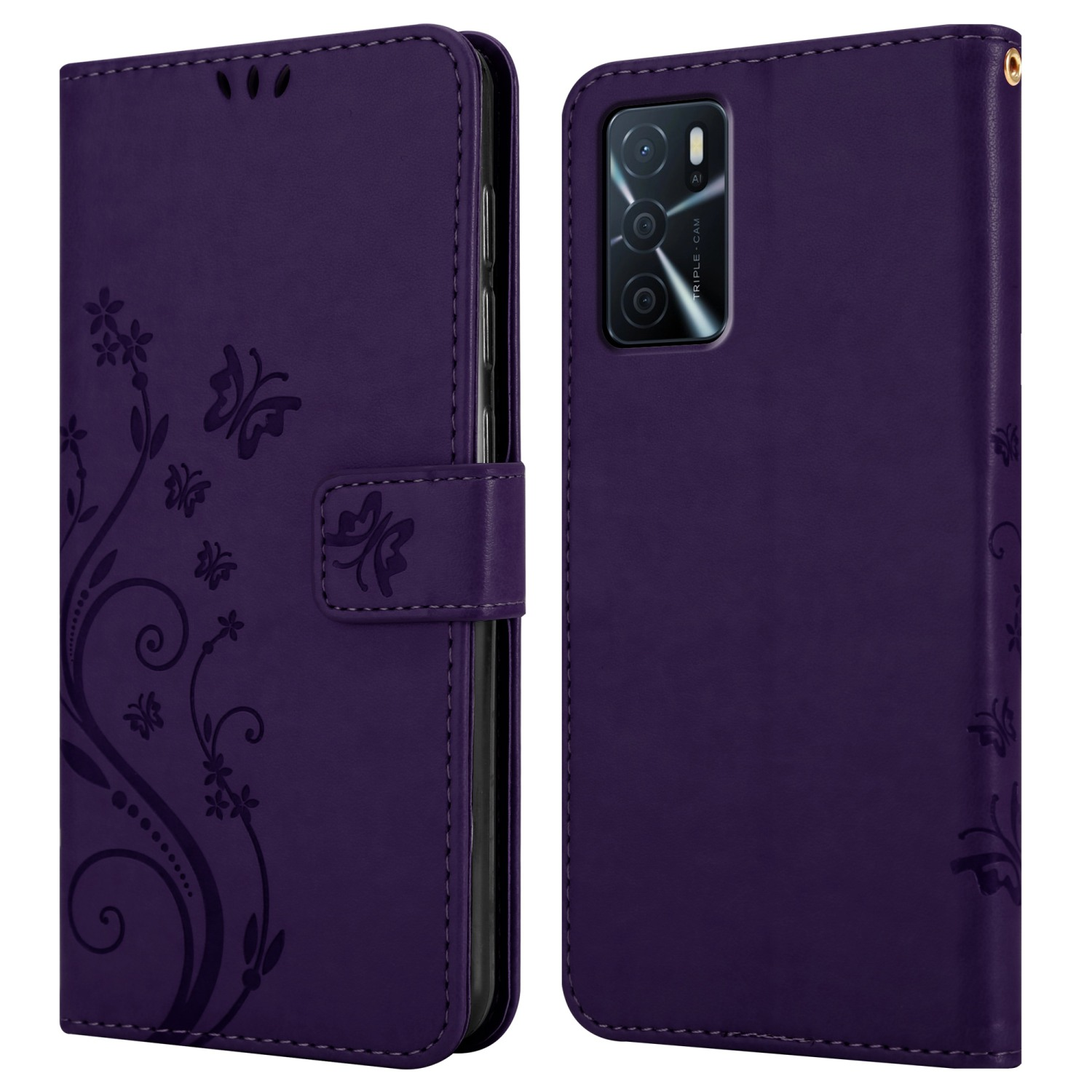 Custodia per telefono viola aperta e chiusa. La custodia è decorata con disegni floreali.