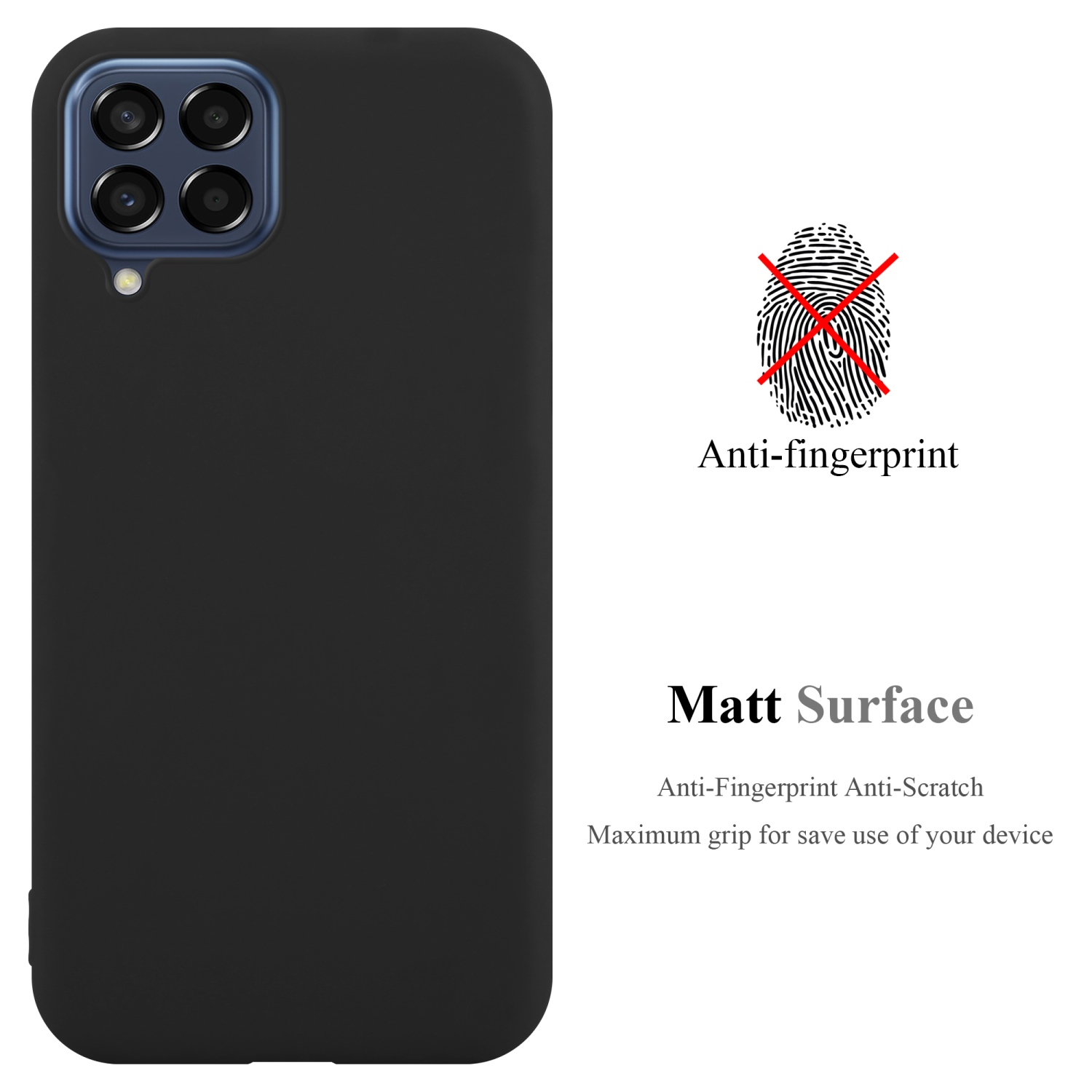 Custodia nera per telefono su sfondo bianco con superficie opaca. Simbolo di impronta digitale con X rossa.