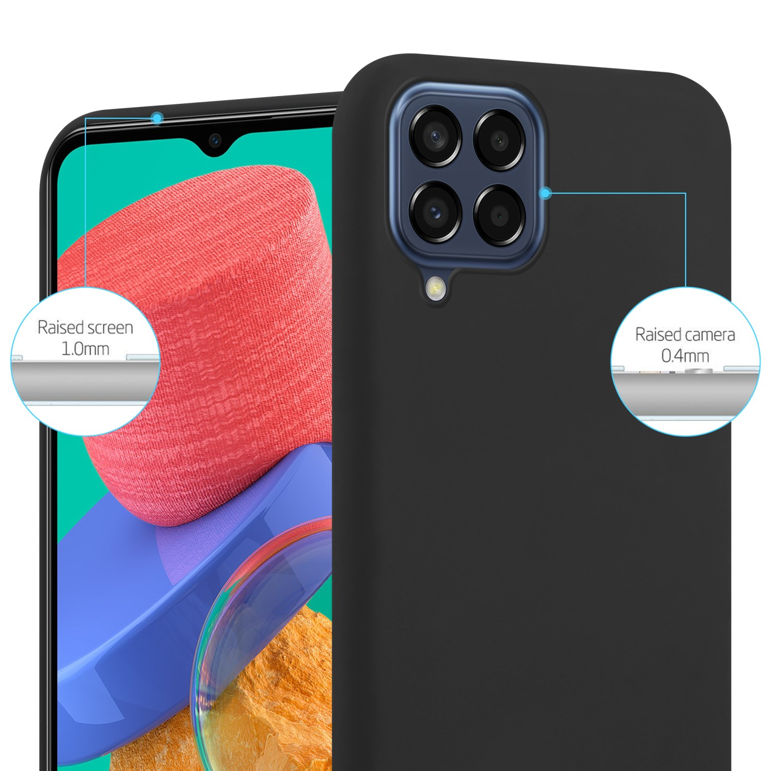 Custodia per telefono nera che mostra schermo e fotocamera. Dettagli dello schermo e della fotocamera rialzati.