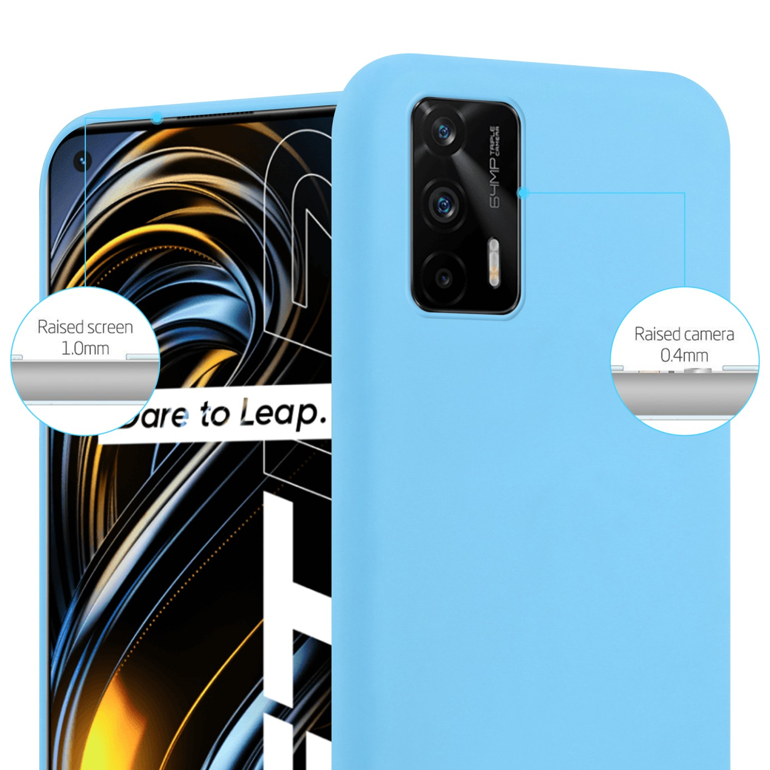 Blaue Handyhülle auf einem Handy. Bildschirm und Kamera haben erhöhte Ränder. Der Hintergrund ist unscharf.